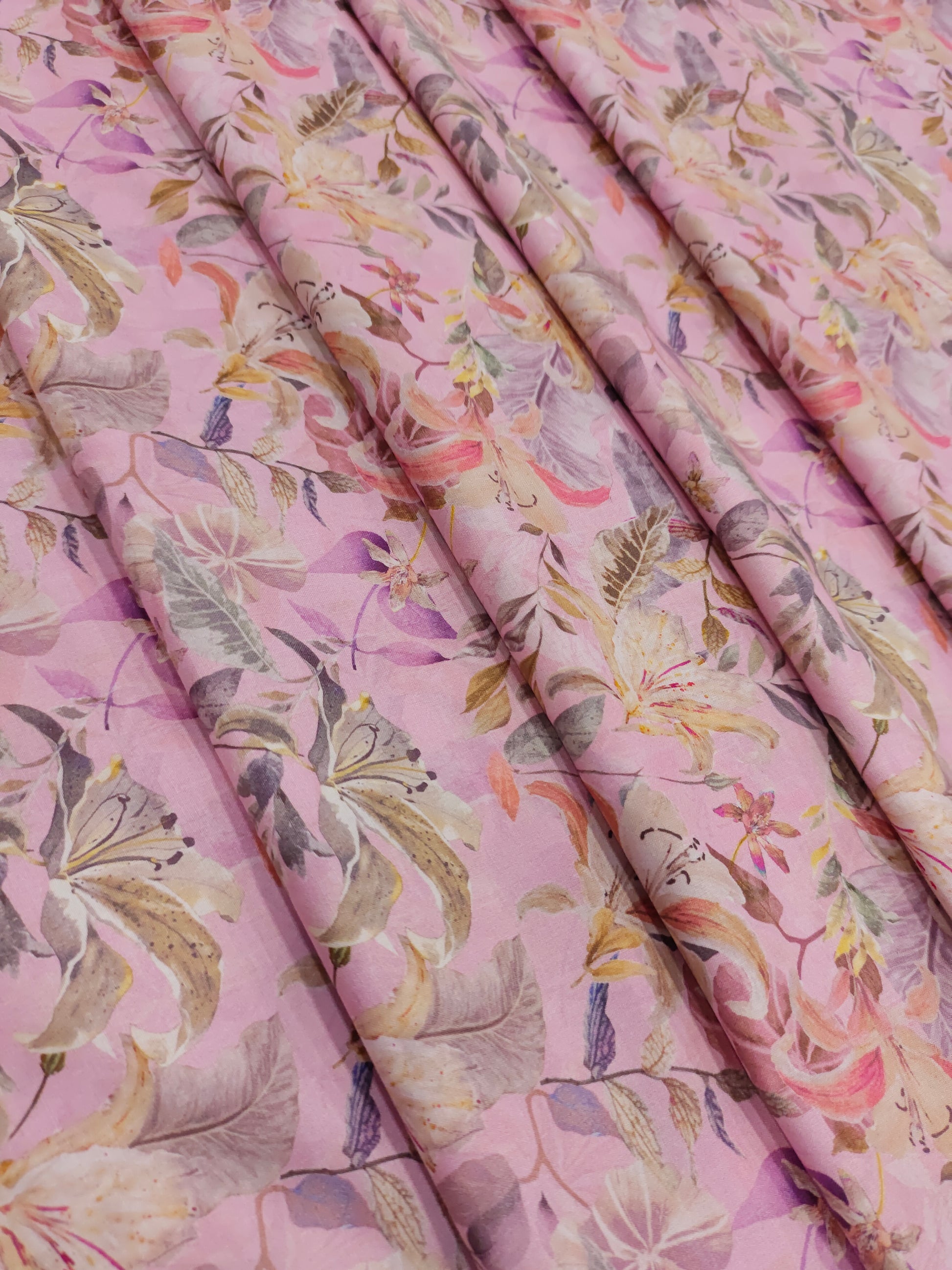 Pink allover digital print with grey beige and peach.