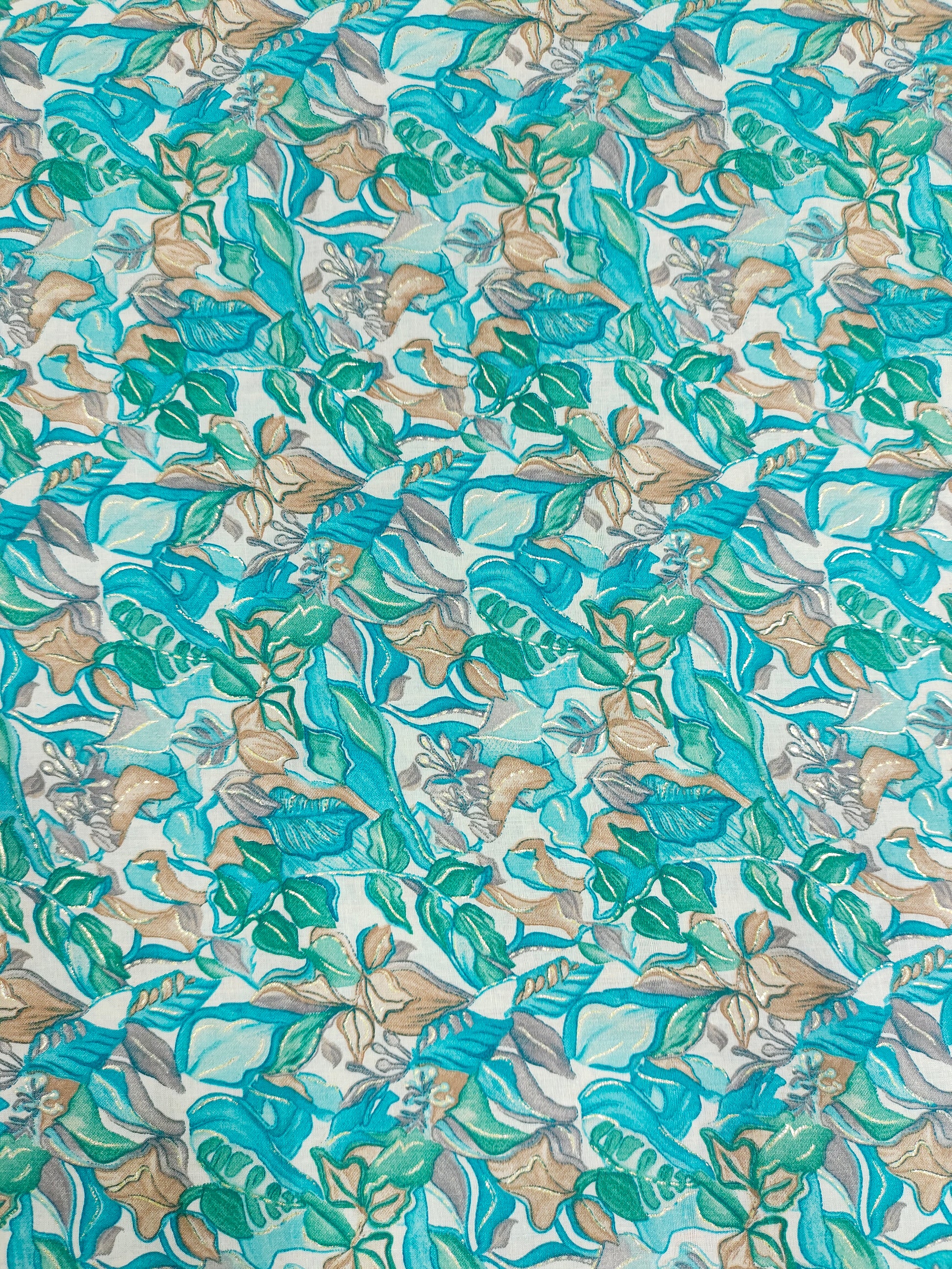 Cotton blue green mill print with gold foile.