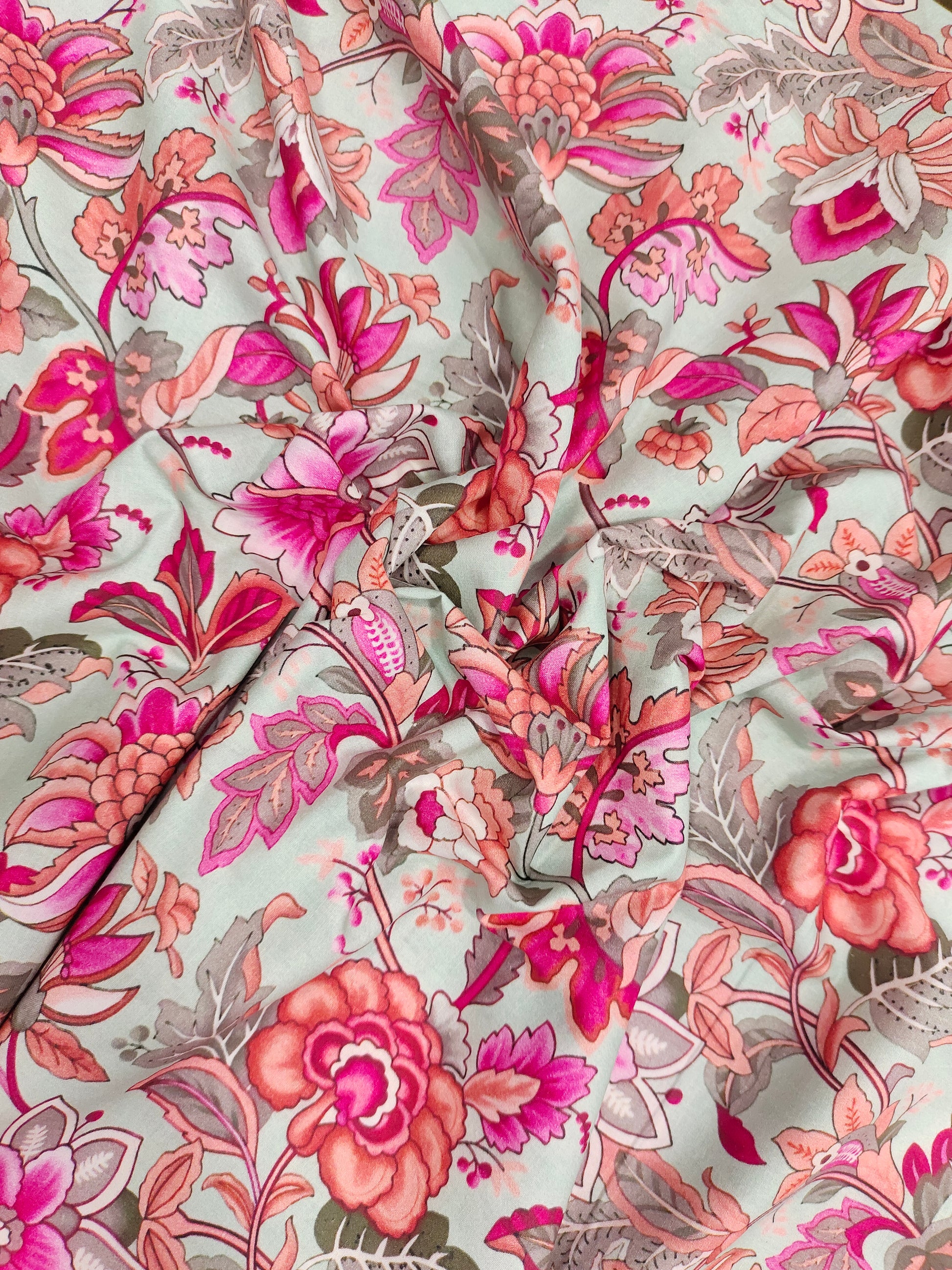 Light grey base with dark pink and peach floral print.