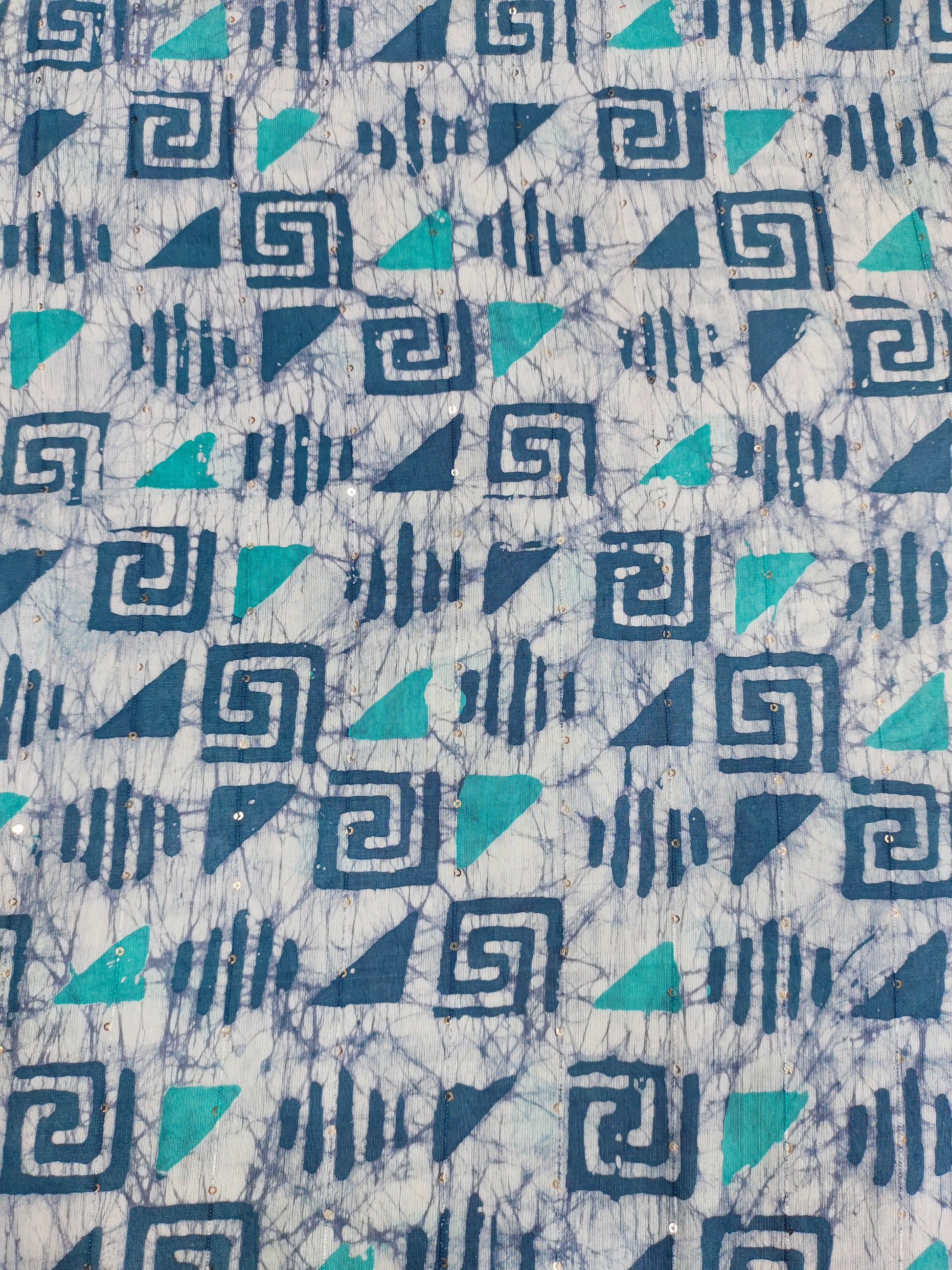 Chanderi silk batiq print with blue and green added gold sequins