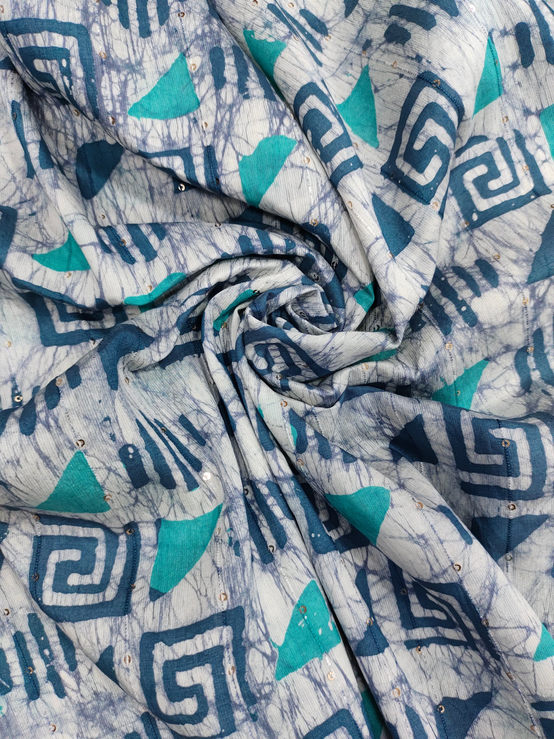 Chanderi silk batiq print with blue and green added gold sequins