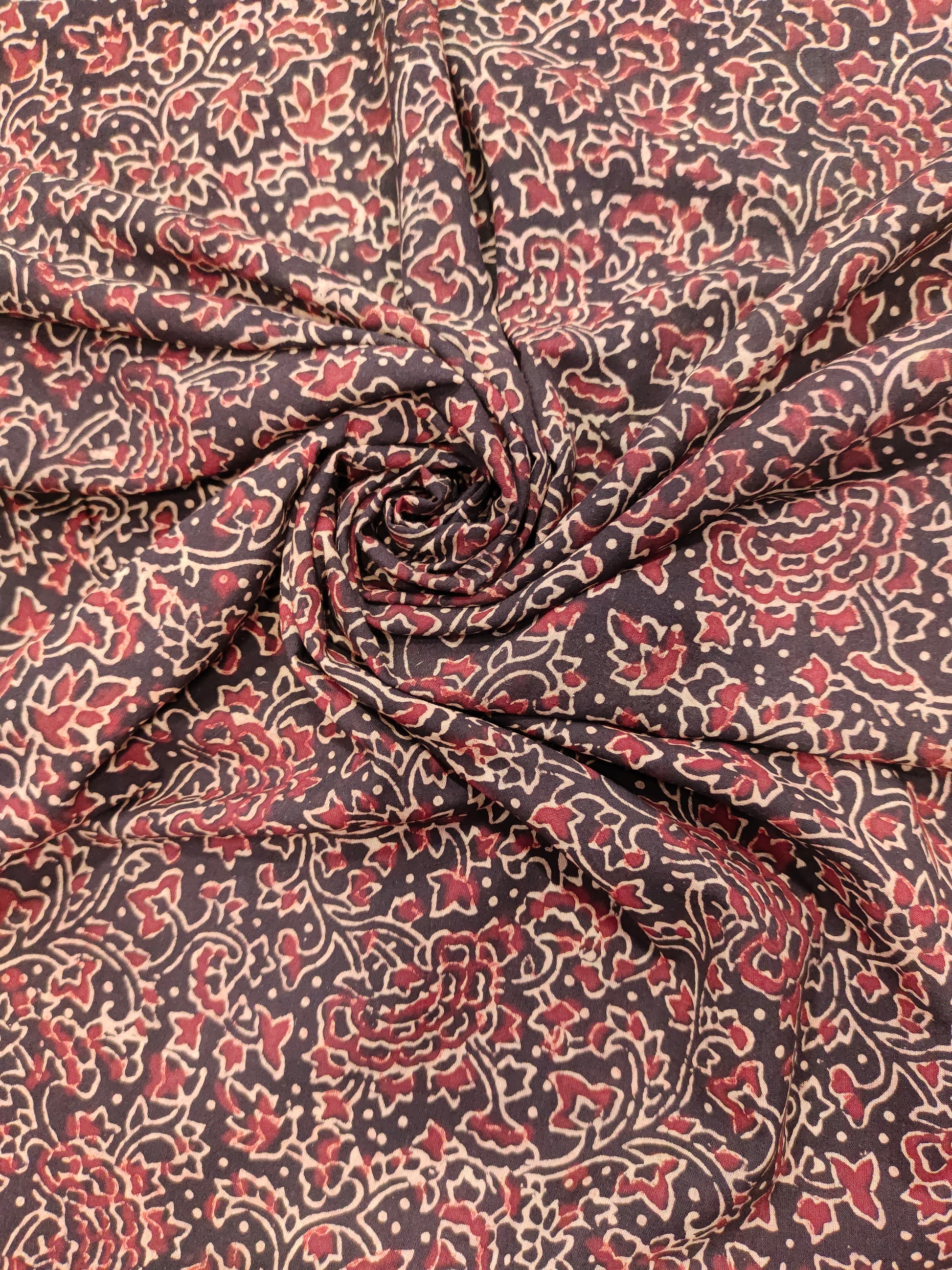 Black base cotton ajrak print with maroon and beige.