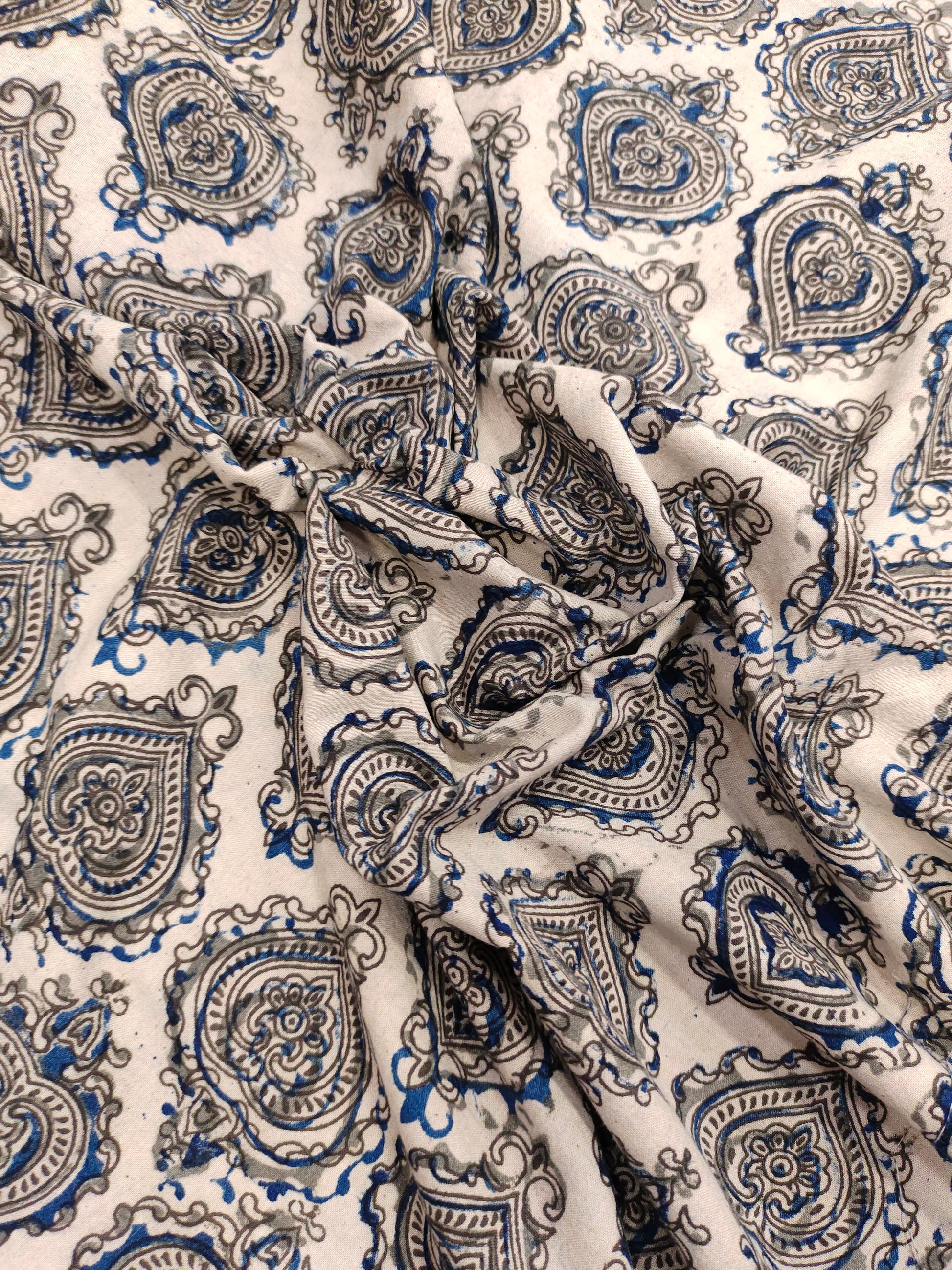 Cotton ajrak print with grey and blue.
