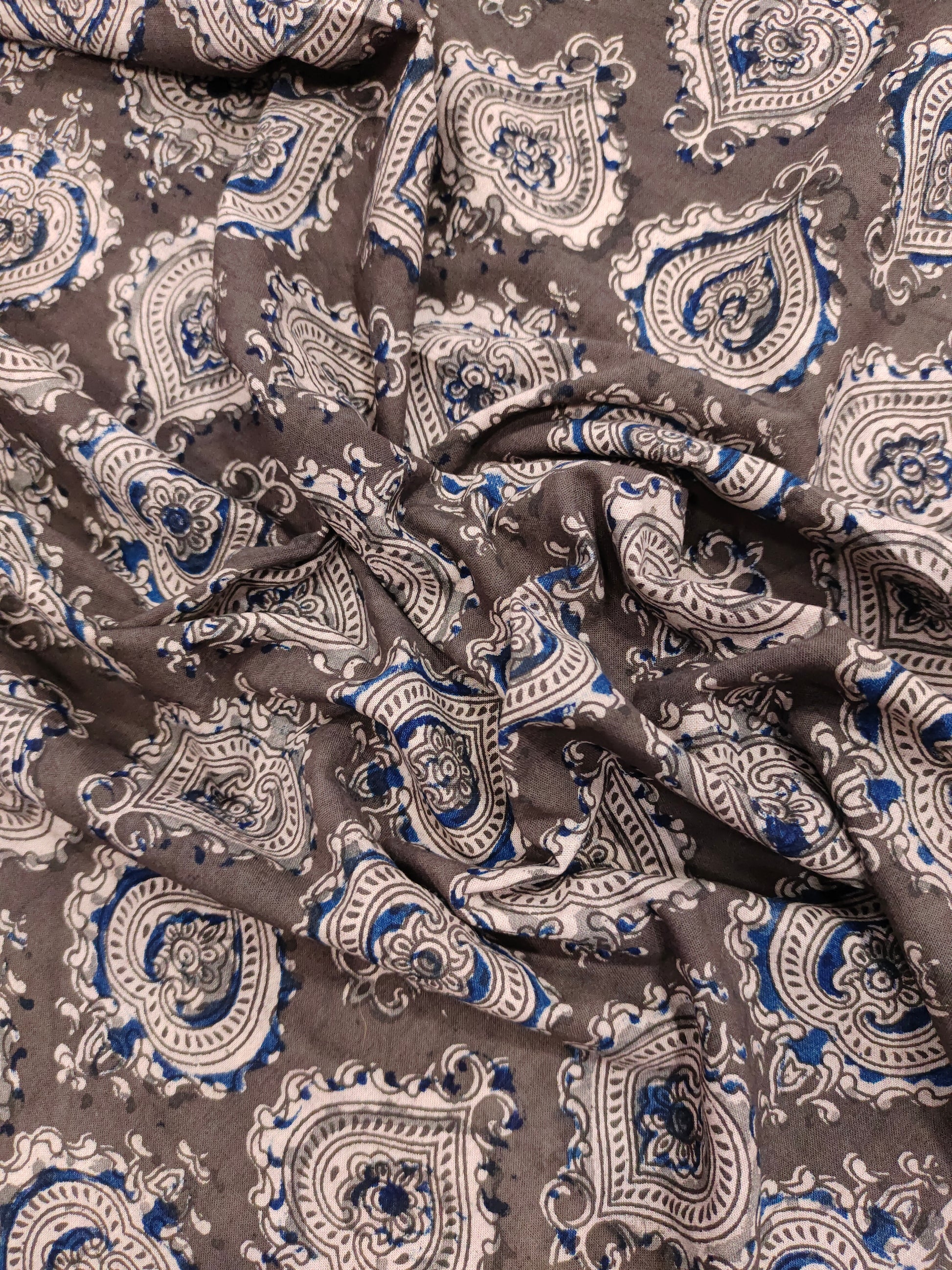 Greyish brown kalamkari with beige and blue