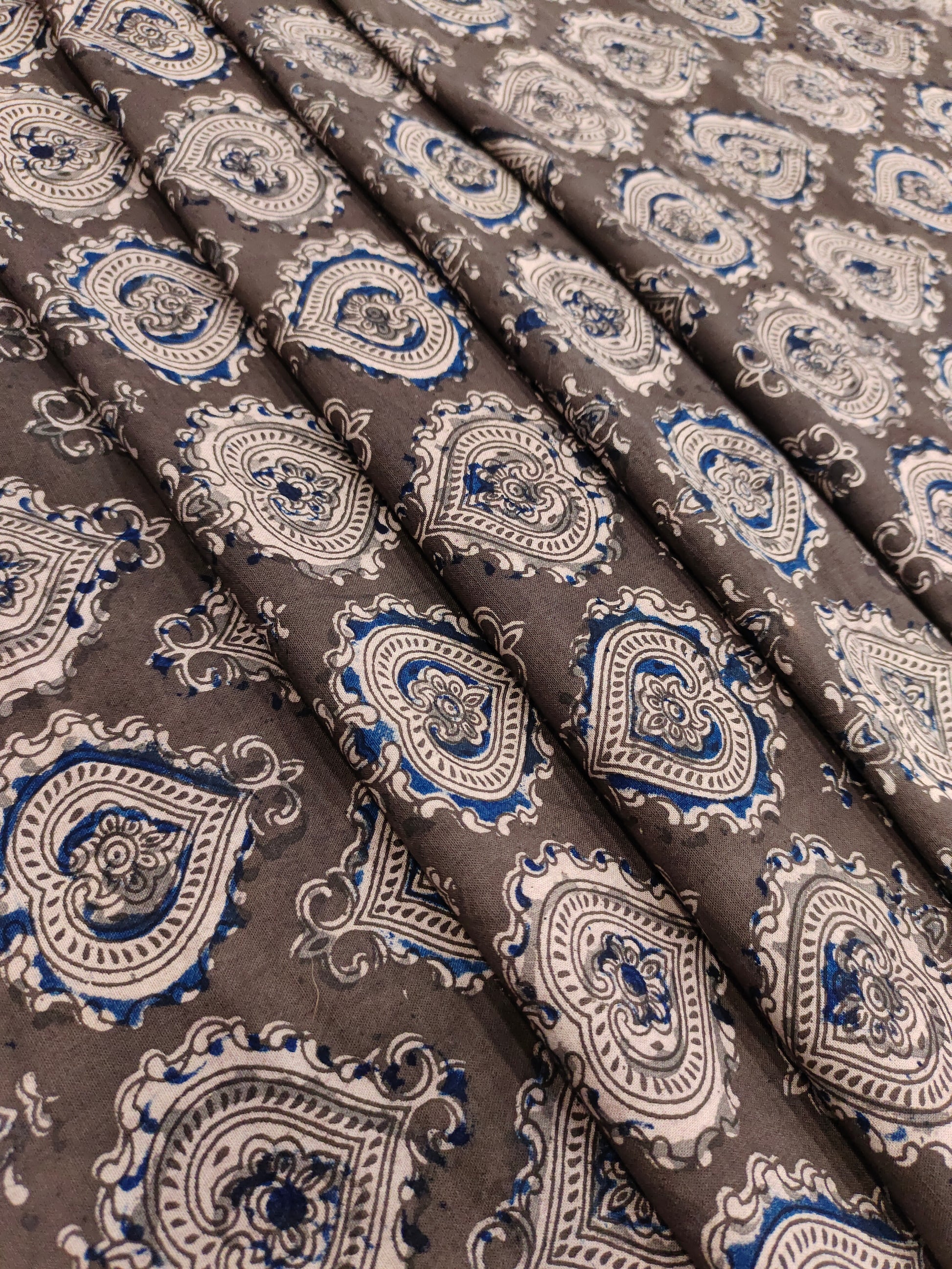 Greyish brown kalamkari with beige and blue