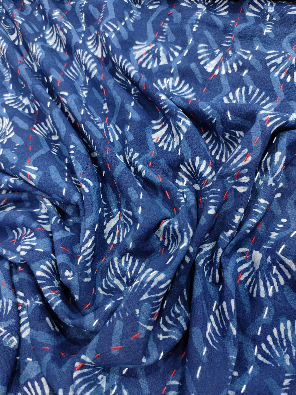 Indigo with red and white katha work