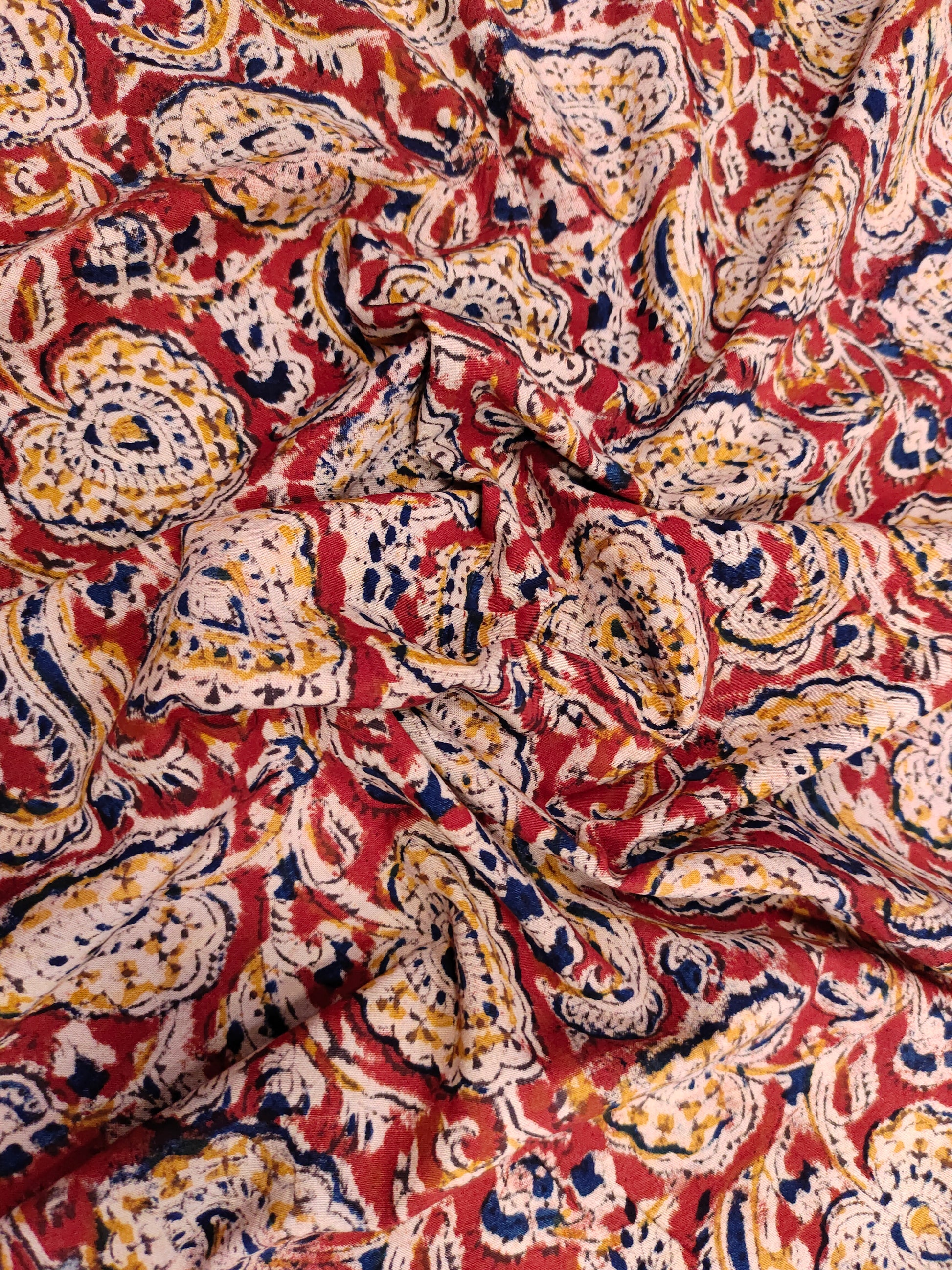 maroon kalamkari with blue and mustard color
