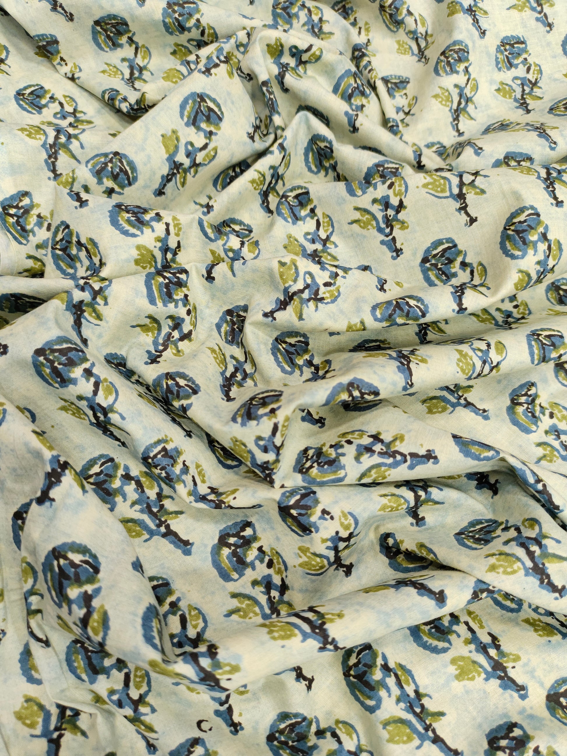 cotton screen print with grey and mehendi with cream base