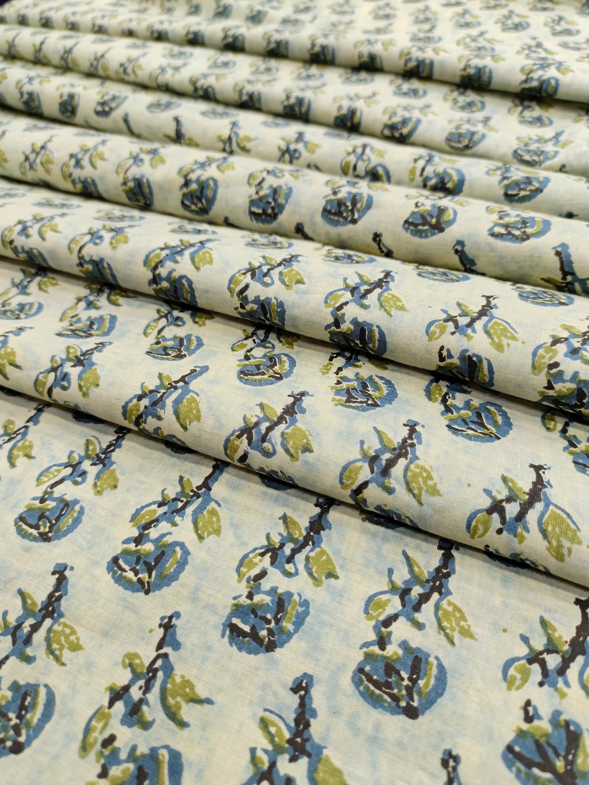cotton screen print with grey and mehendi with cream base