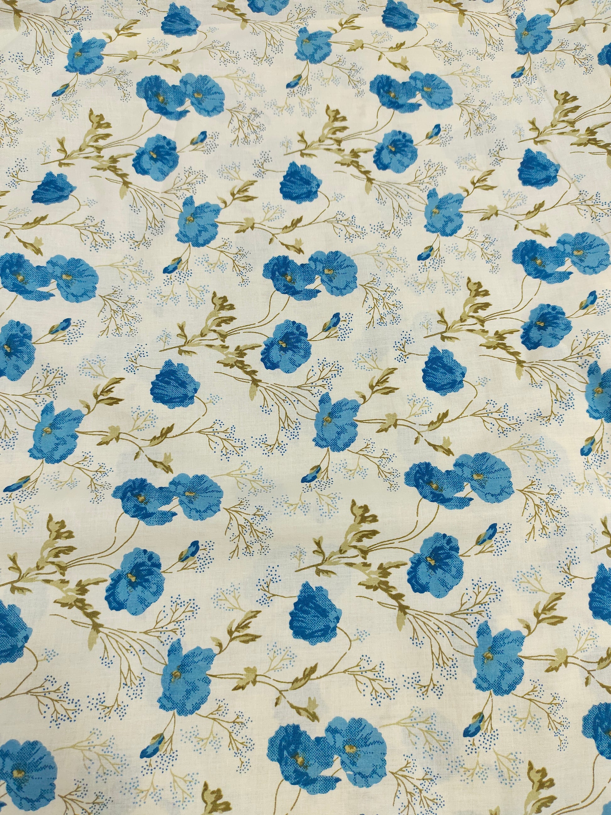 cream base with blue floral cotton screen print fabric