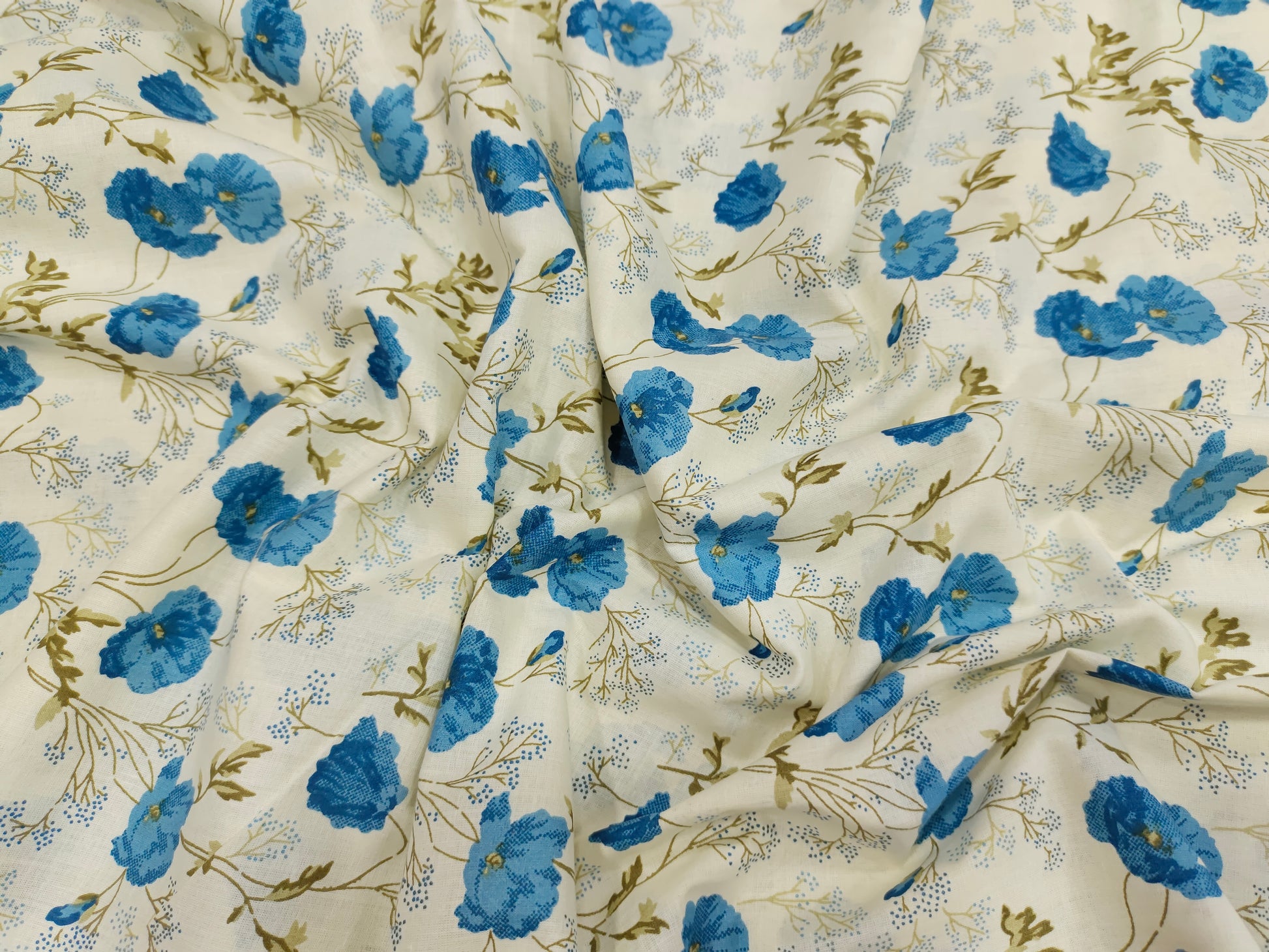 cream base with blue floral cotton screen print fabric