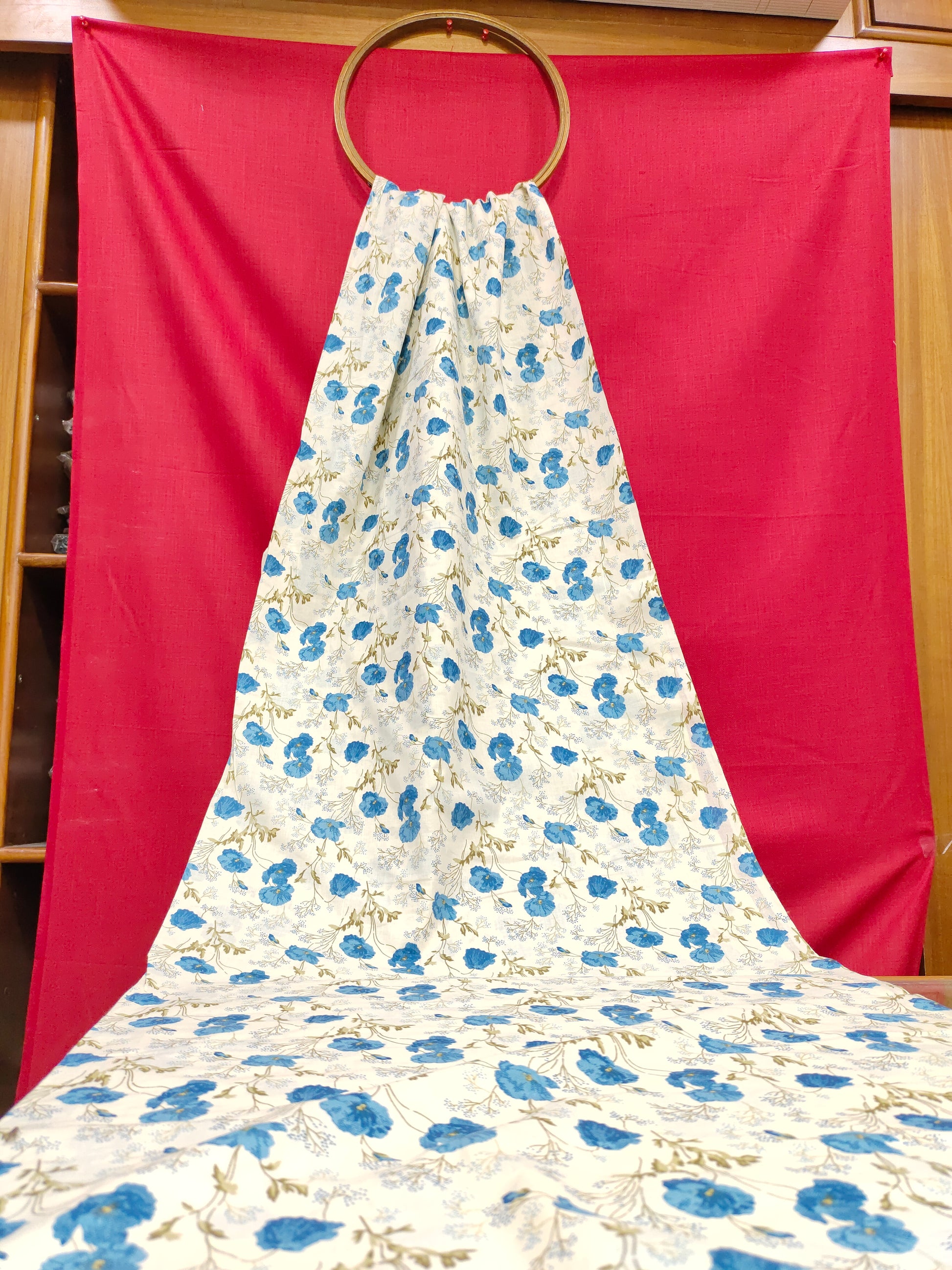 cream base with blue floral cotton screen print fabric