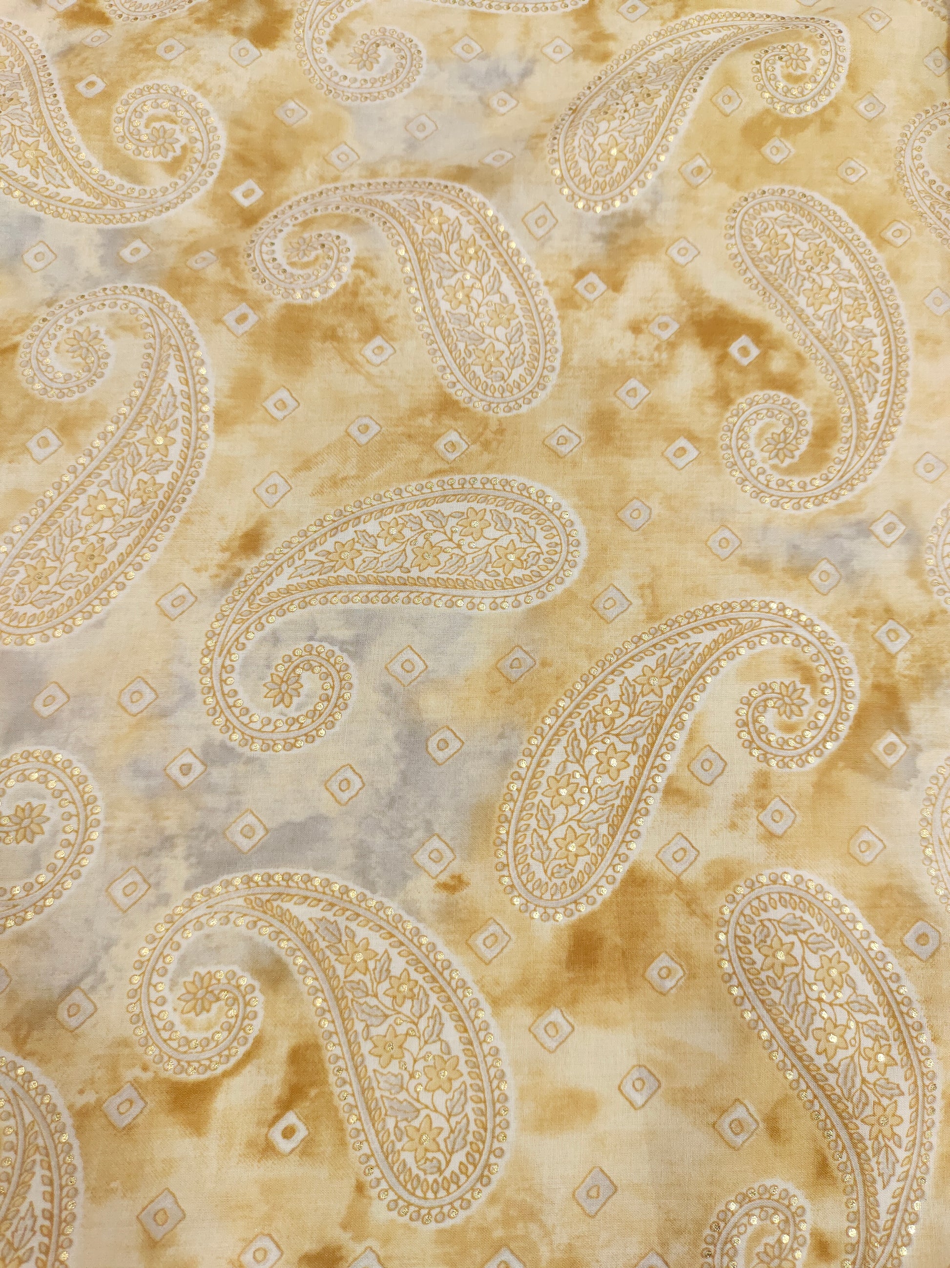 beige mill cotton with digital print and gold foile