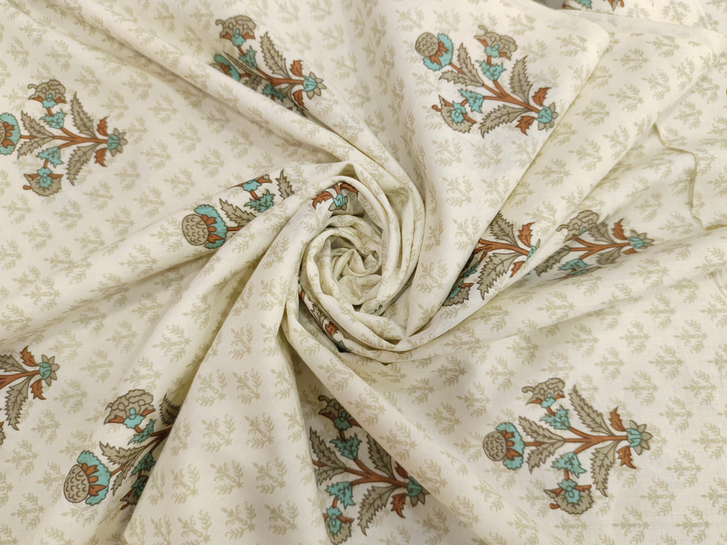 White base with brown, grey & blue print