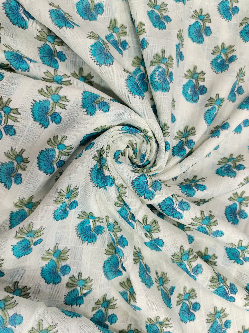 White base handblock print with blue and green