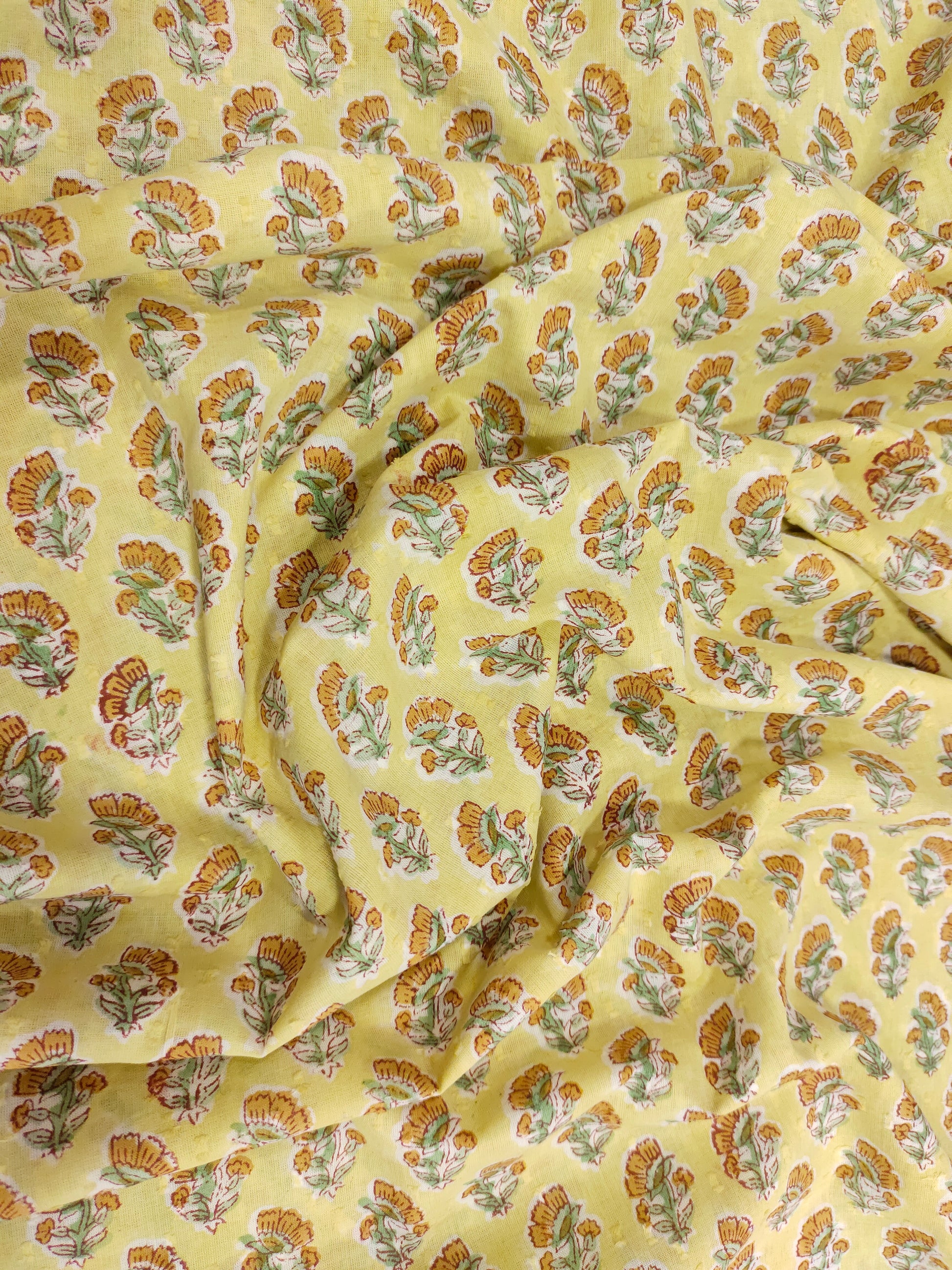 Yellow with small orange with green flowers cotton handblock print with special viwes