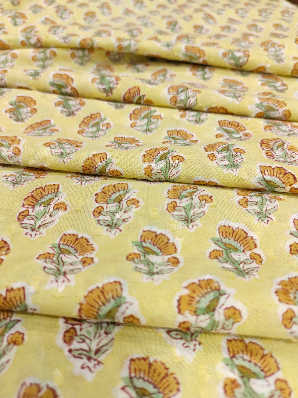 Yellow with small orange with green flowers cotton handblock print with special viwes