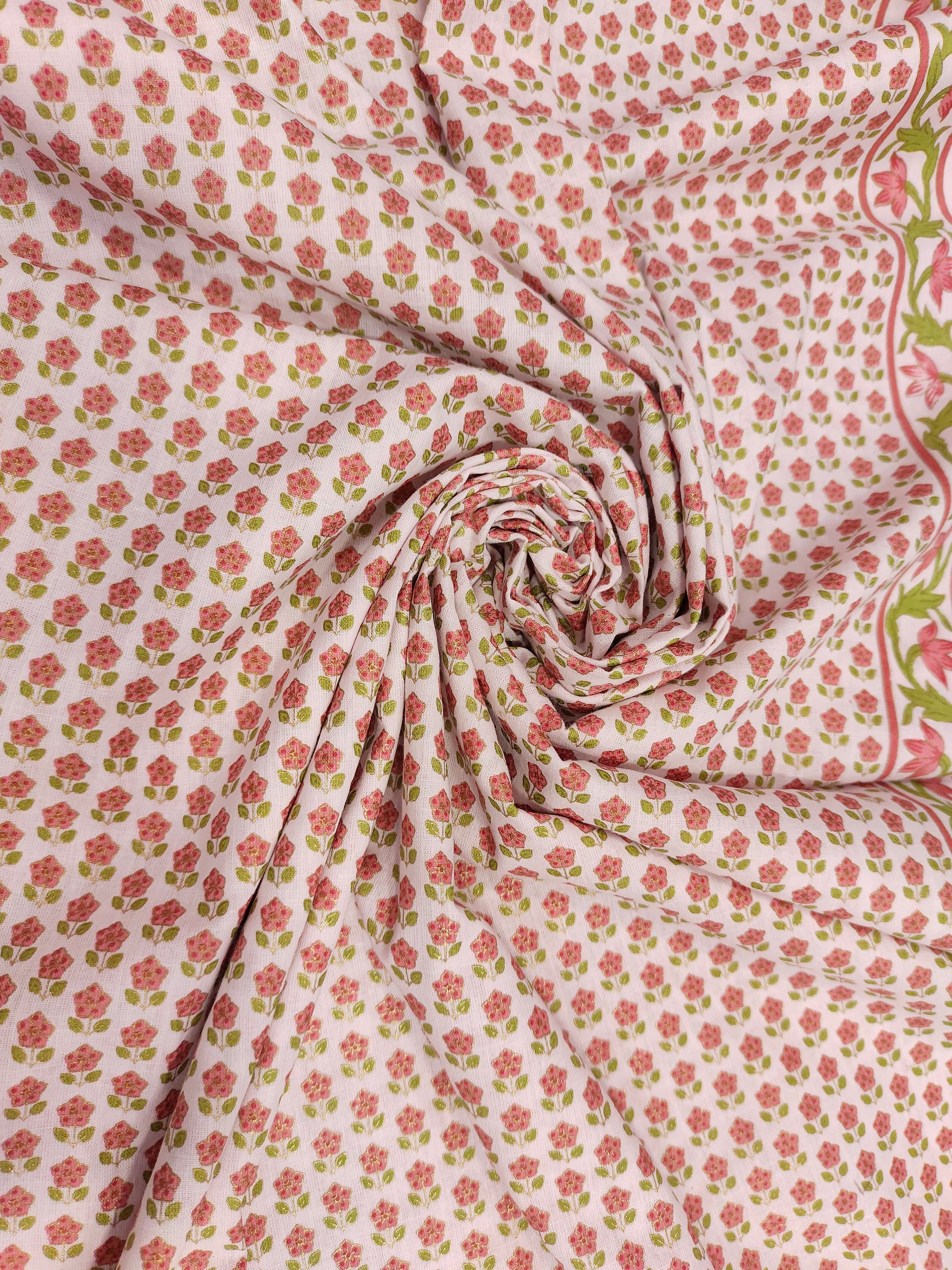 White base screen print of pink flowers