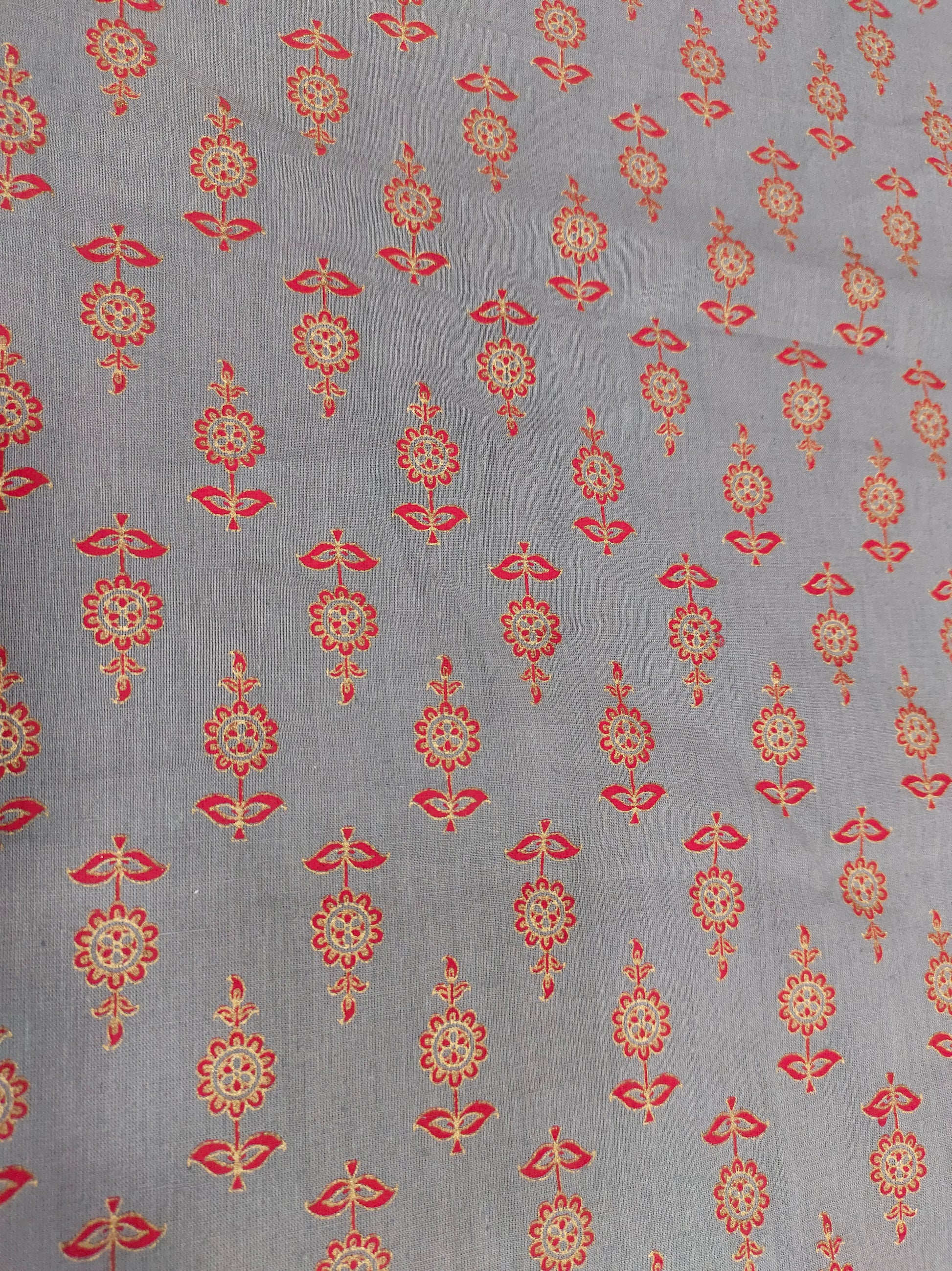 grey fabric screen print with maroon and gold