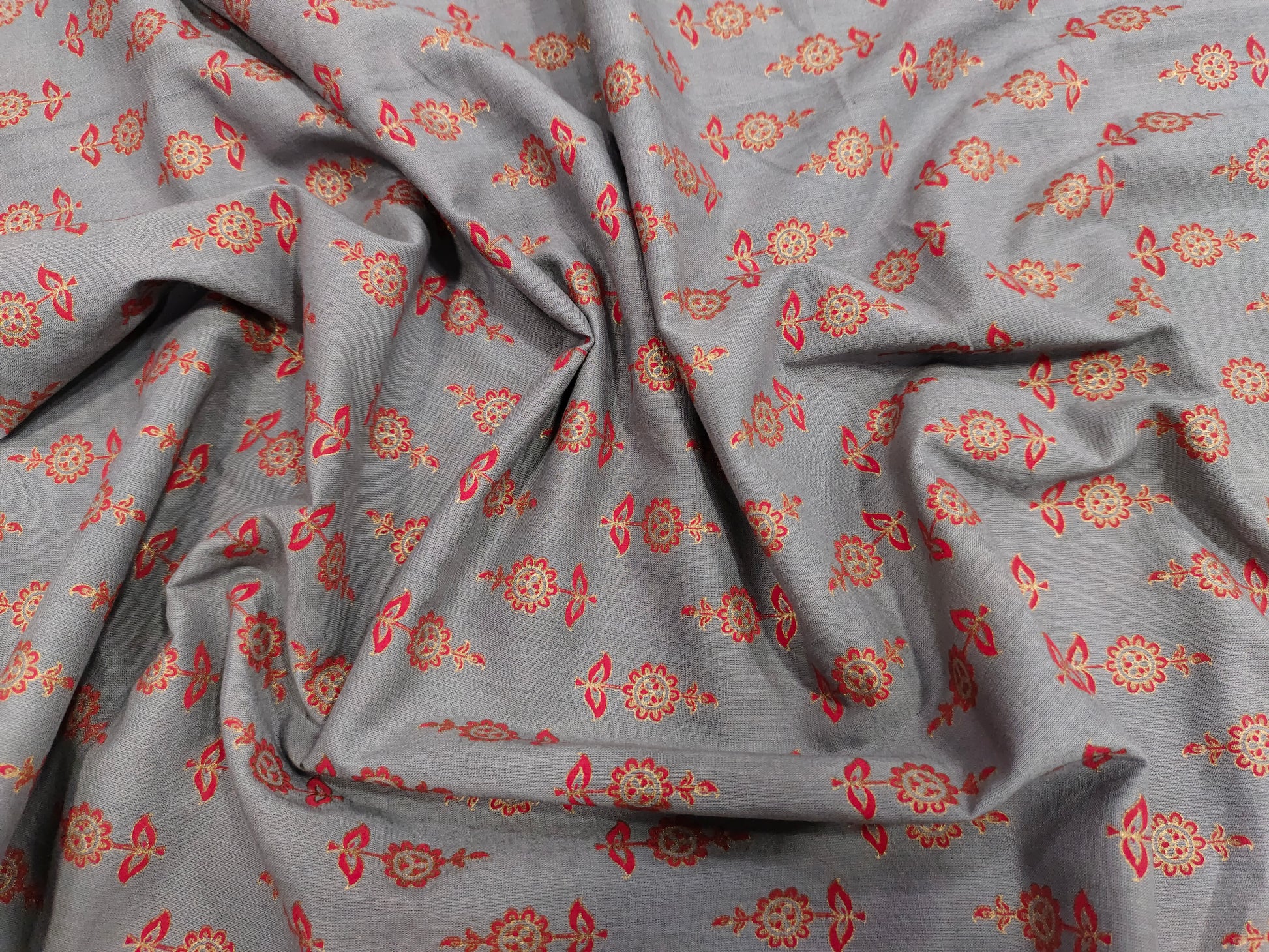 grey fabric screen print with maroon and gold