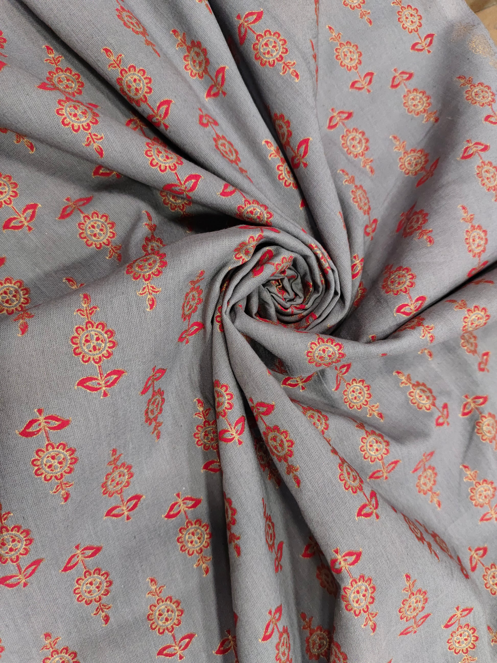 grey fabric screen print with maroon and gold