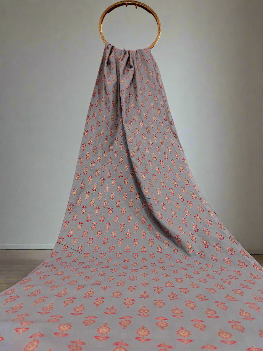 grey fabric screen print with maroon and gold