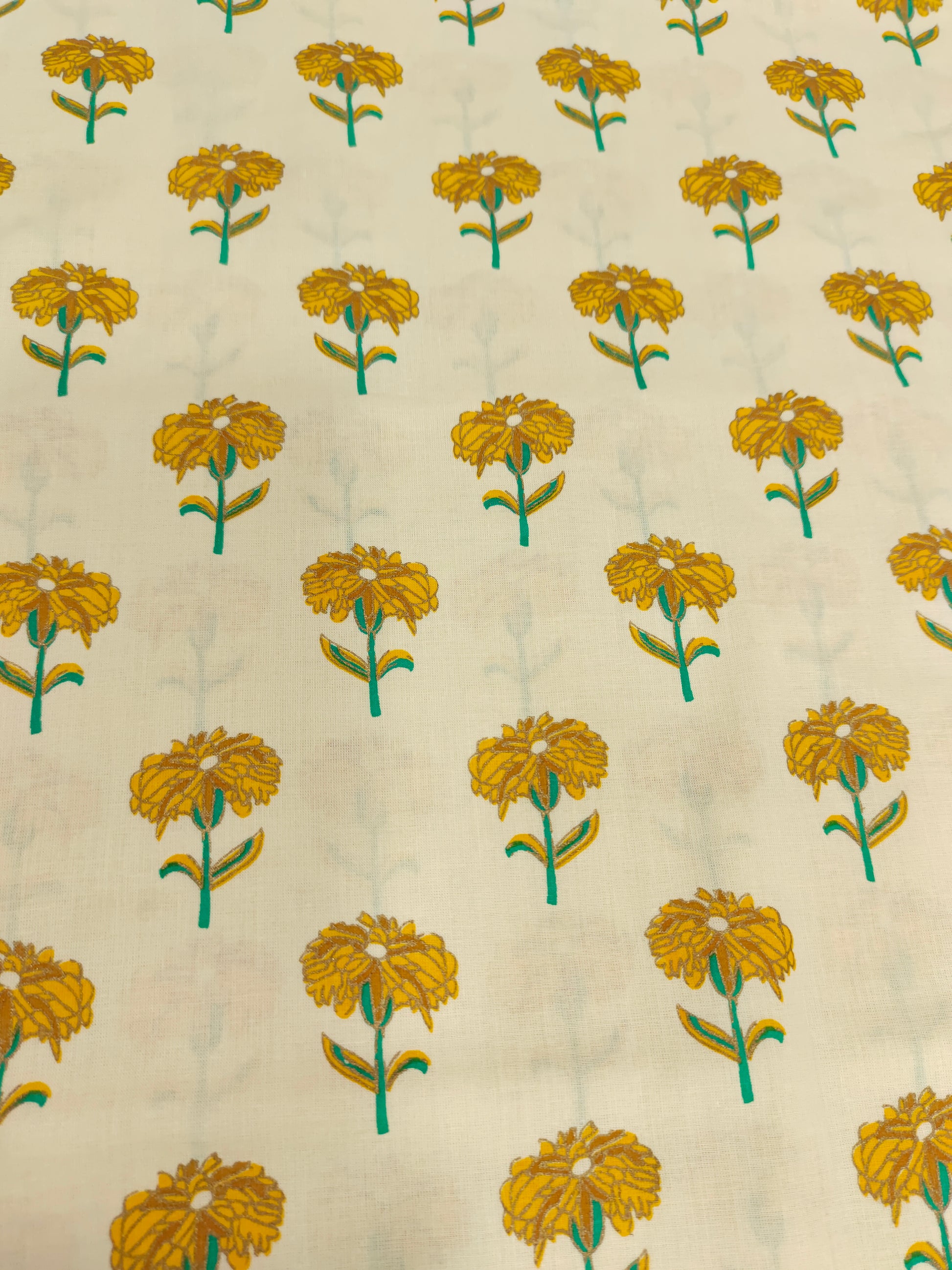 cream fabric with yellow flowers screen print