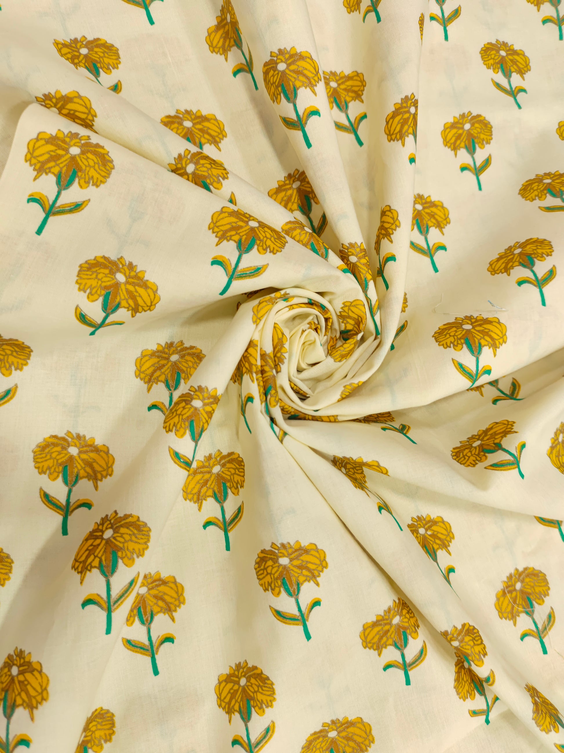 cream fabric with yellow flowers screen print