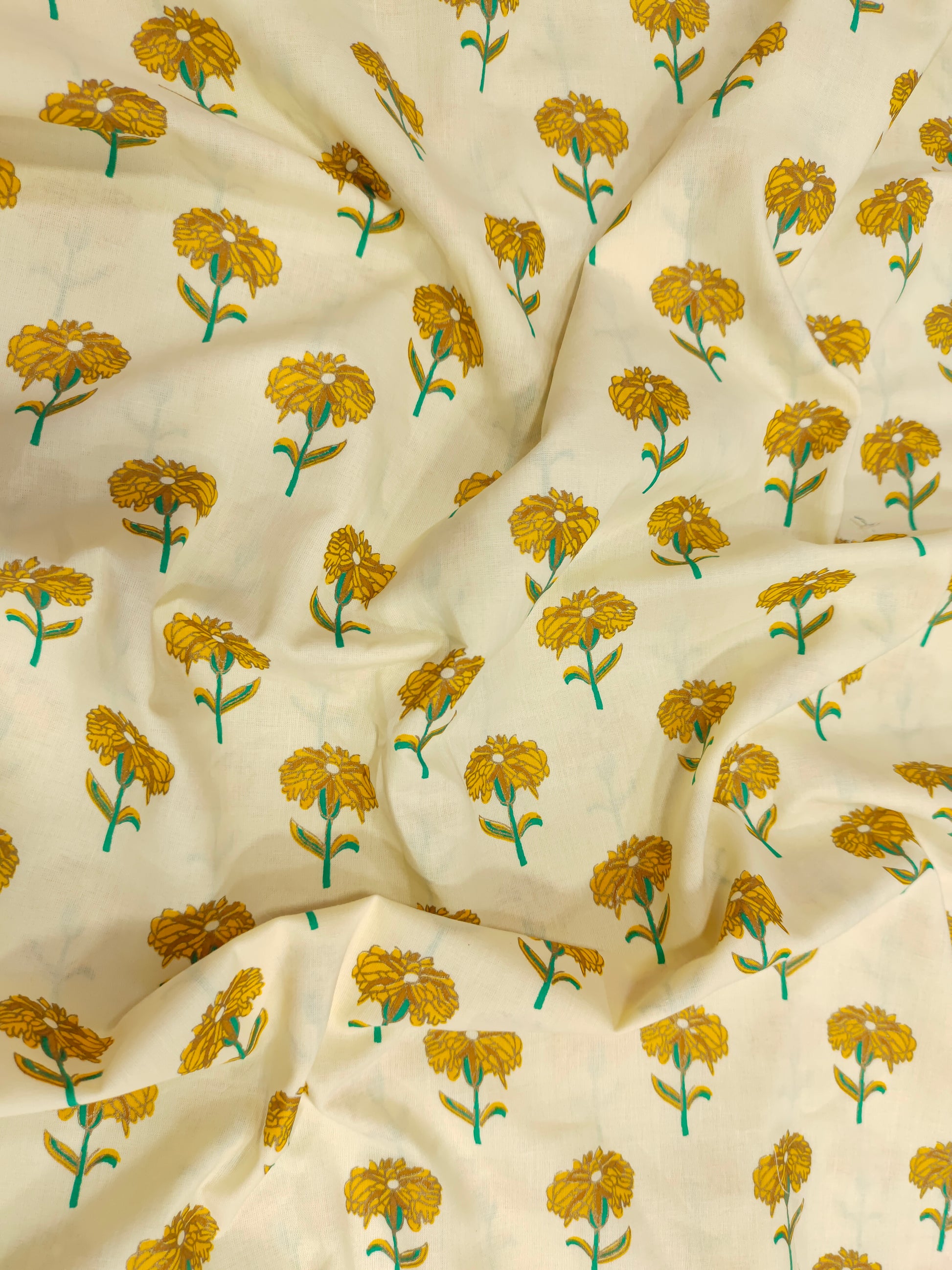 cream fabric with yellow flowers screen print