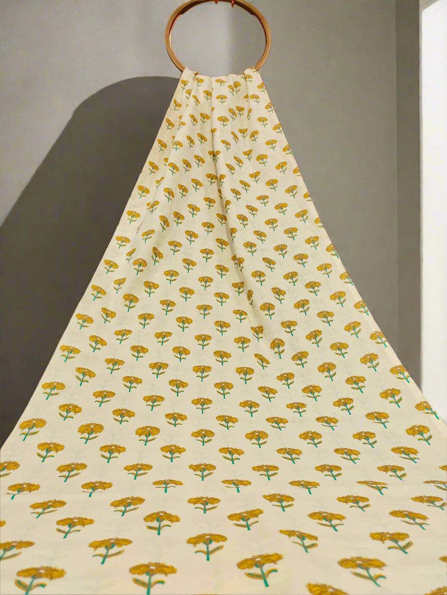 cream fabric with yellow flowers screen print