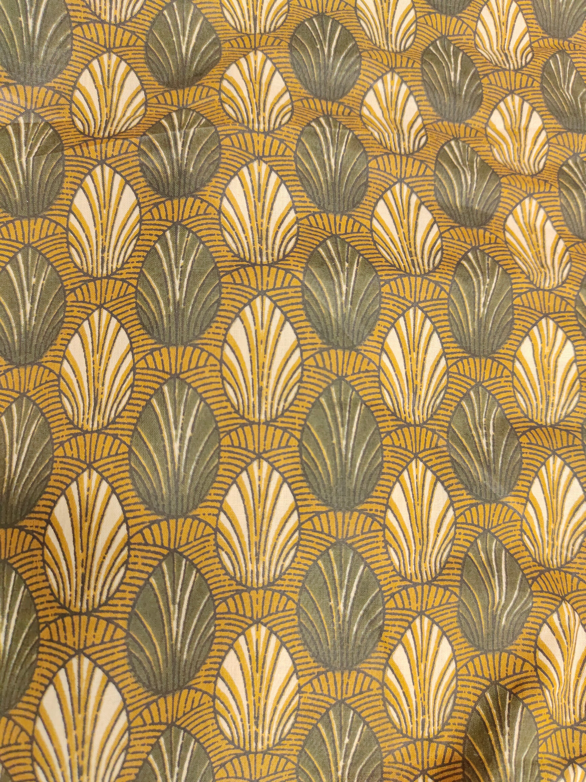 mustard with grey and crem leaves cotton screen print