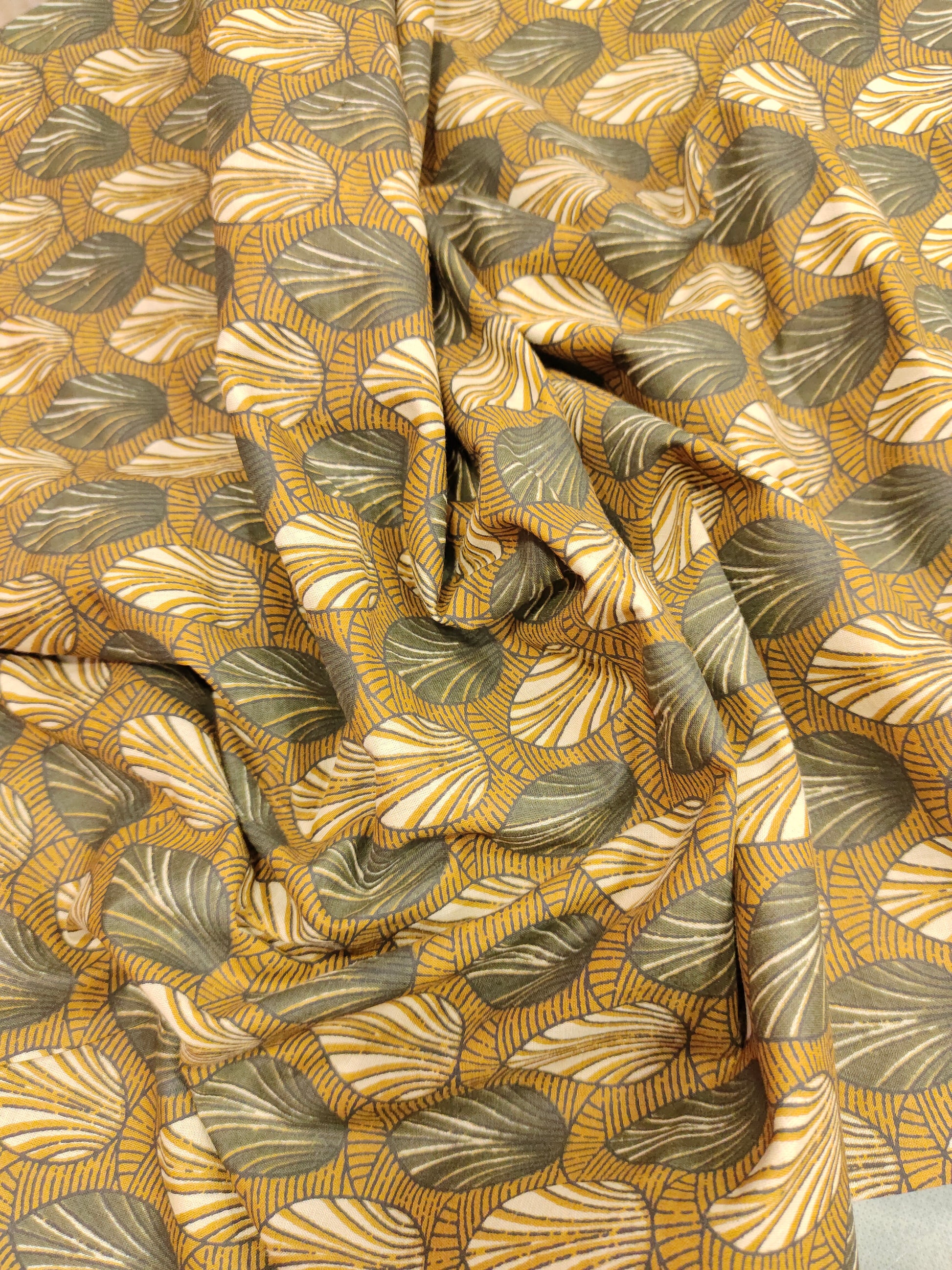 mustard with grey and crem leaves cotton screen print