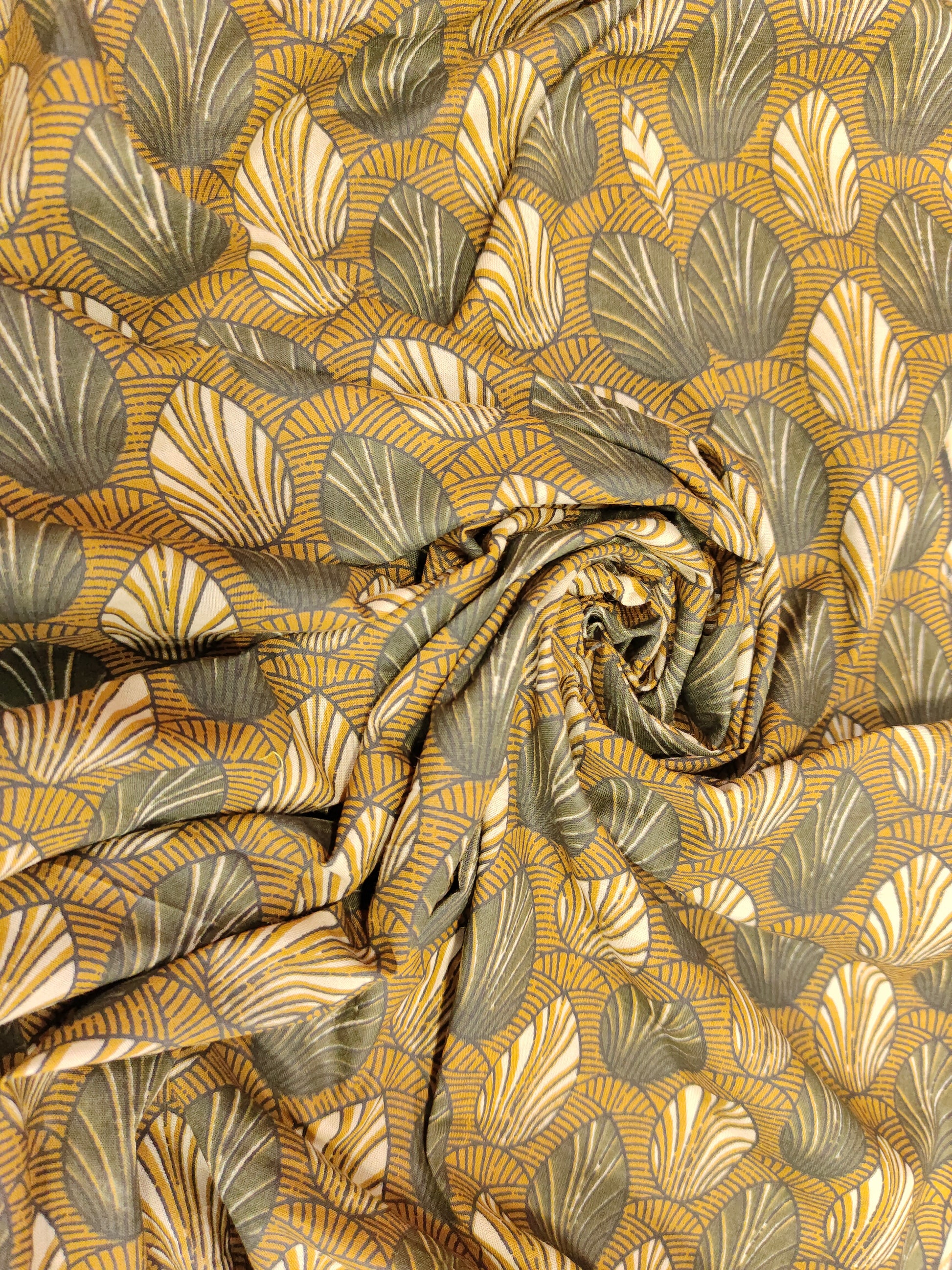 mustard with grey and crem leaves cotton screen print