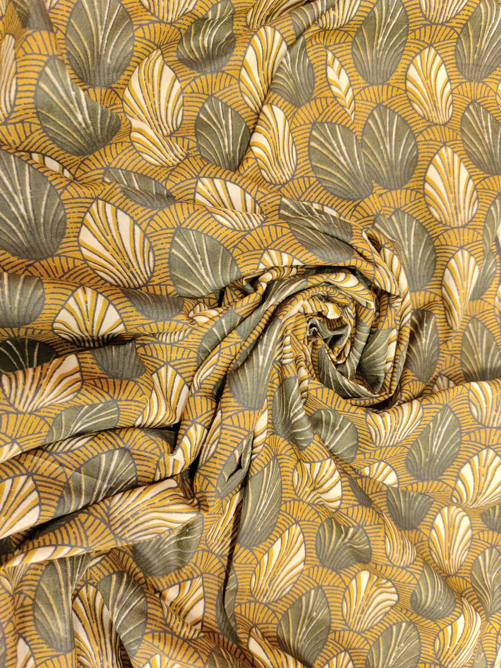 mustard with grey and crem leaves cotton screen print