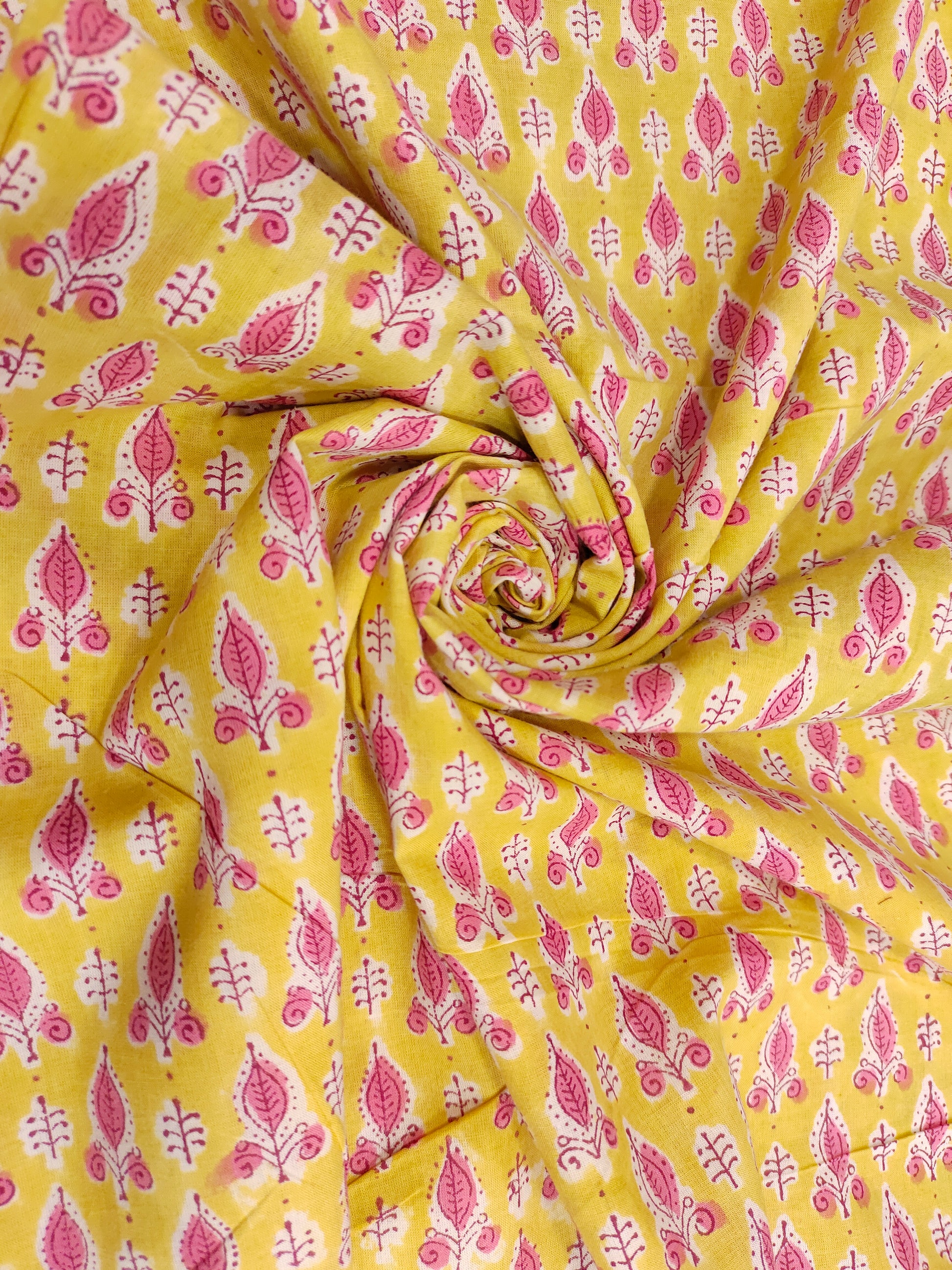 Yellow with pink floral cotton Screen Print