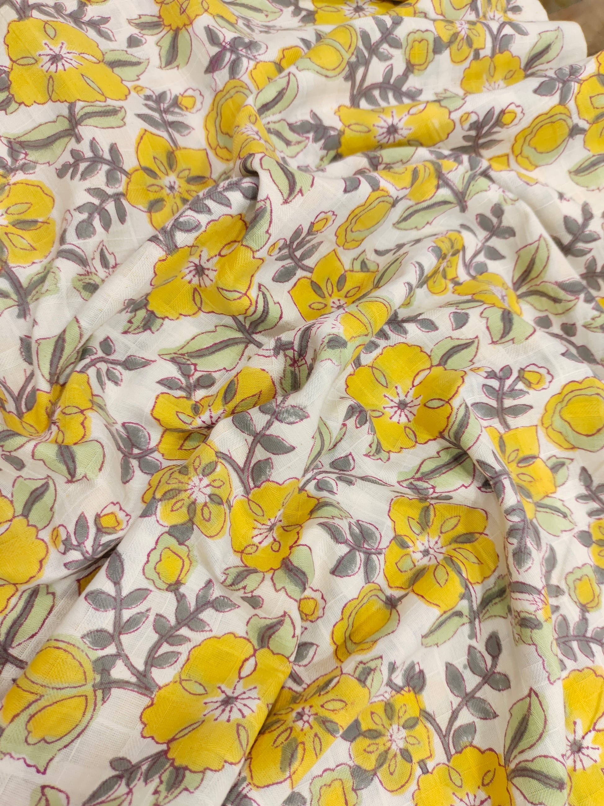 Yellow floral cotton screen print