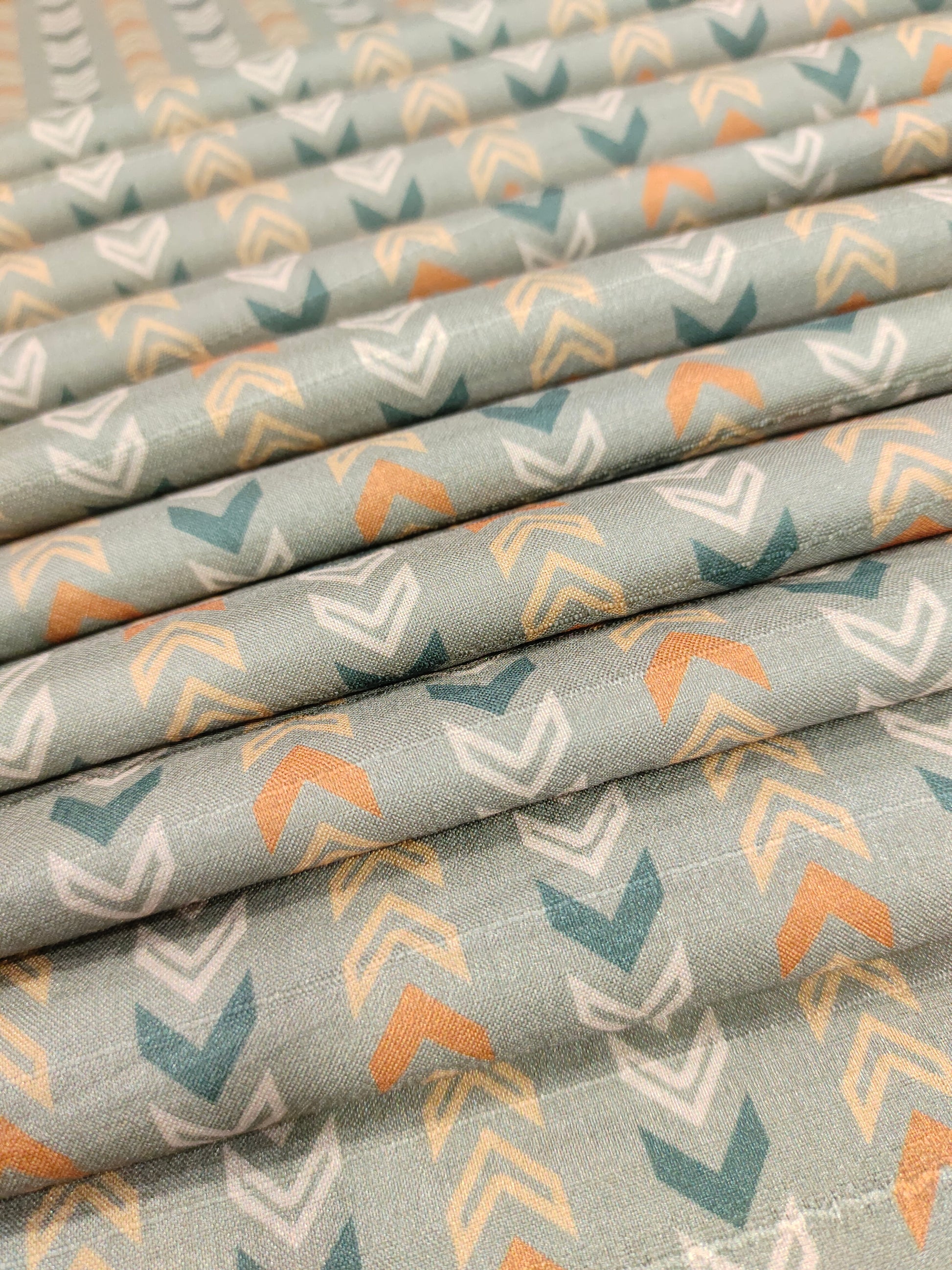 Grey mysore silk fabric with green and beige fabric