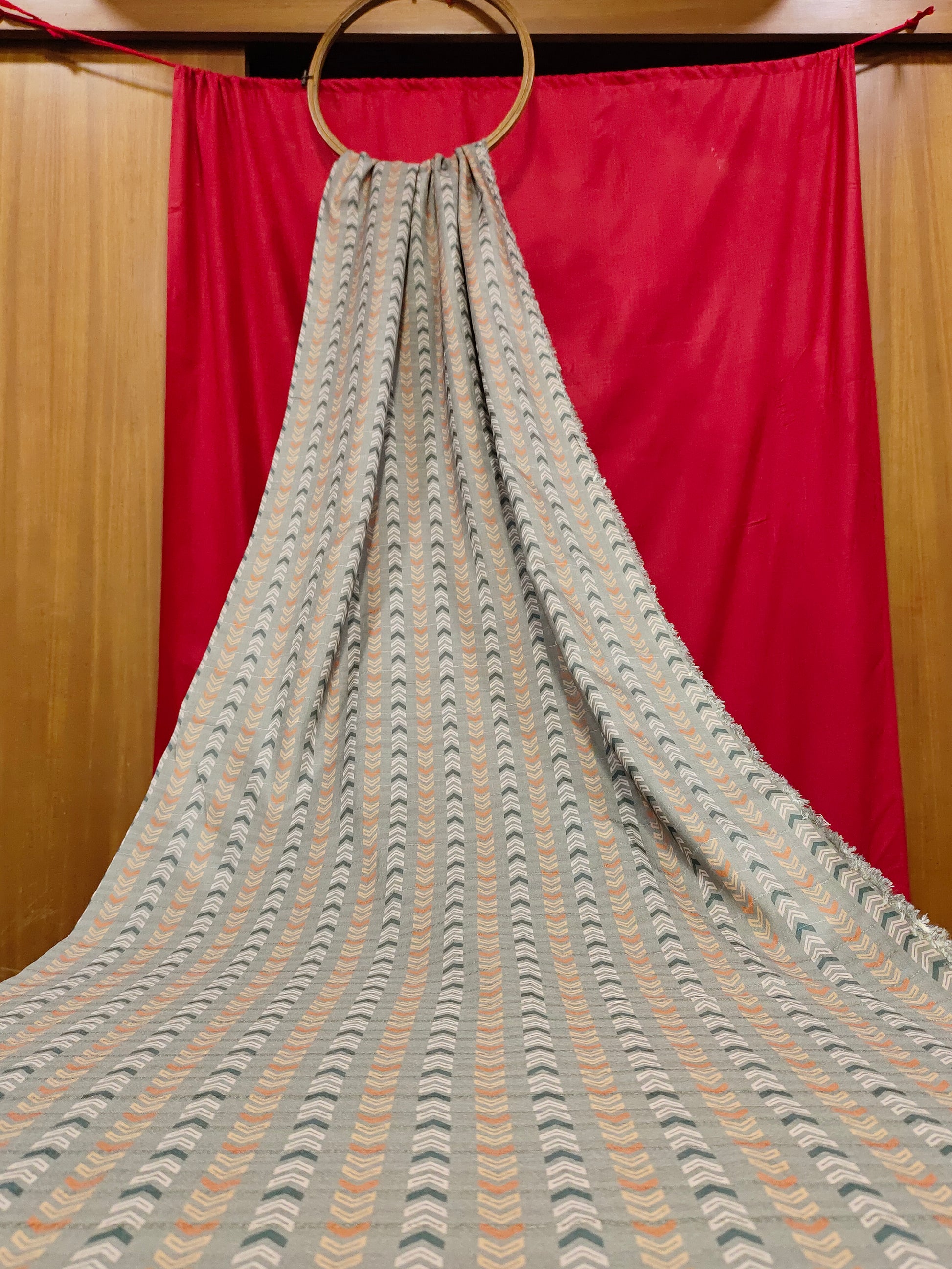 Grey mysore silk fabric with green and beige fabric