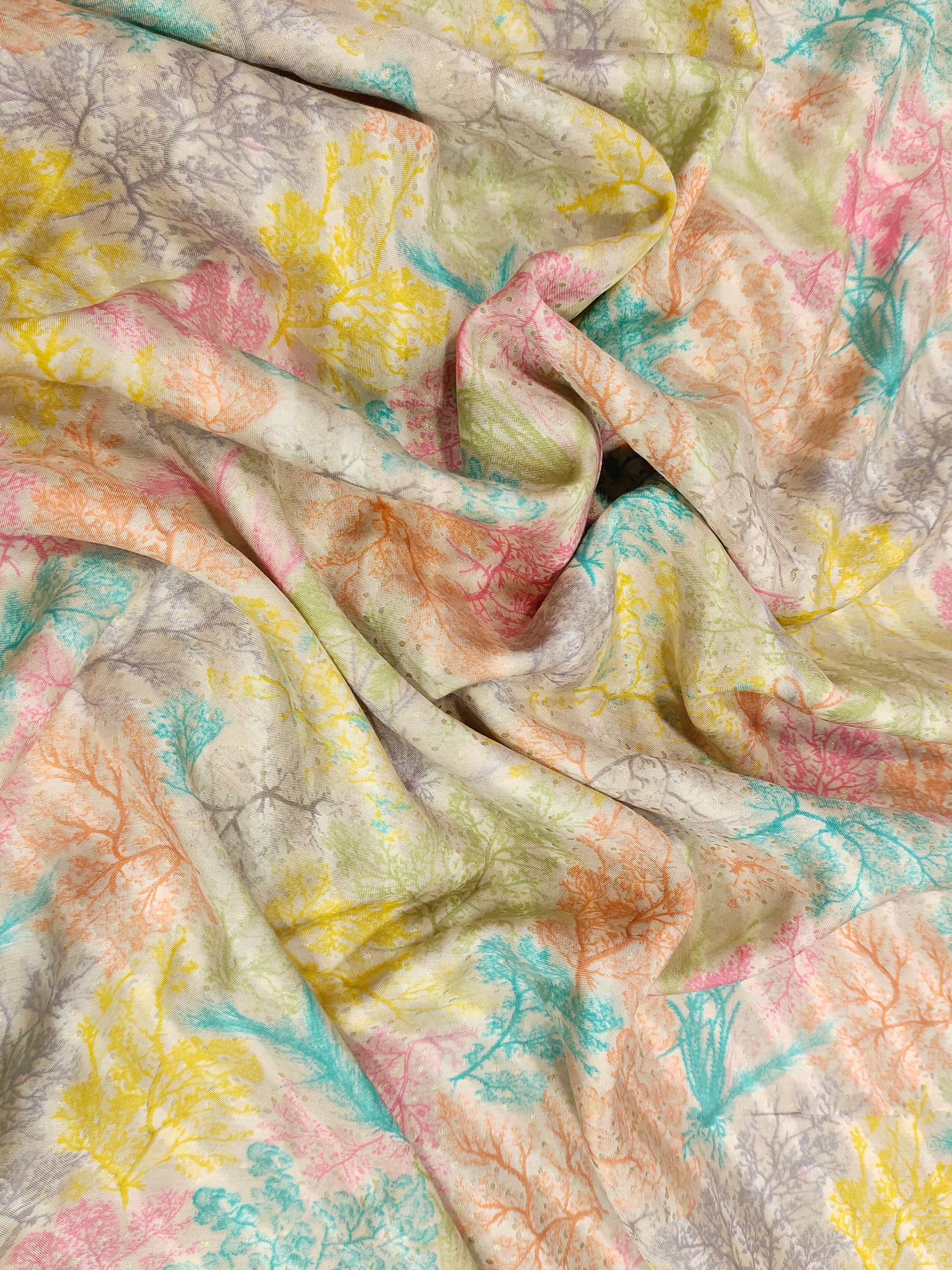 Muslin fabric with blue pink gold digital print
