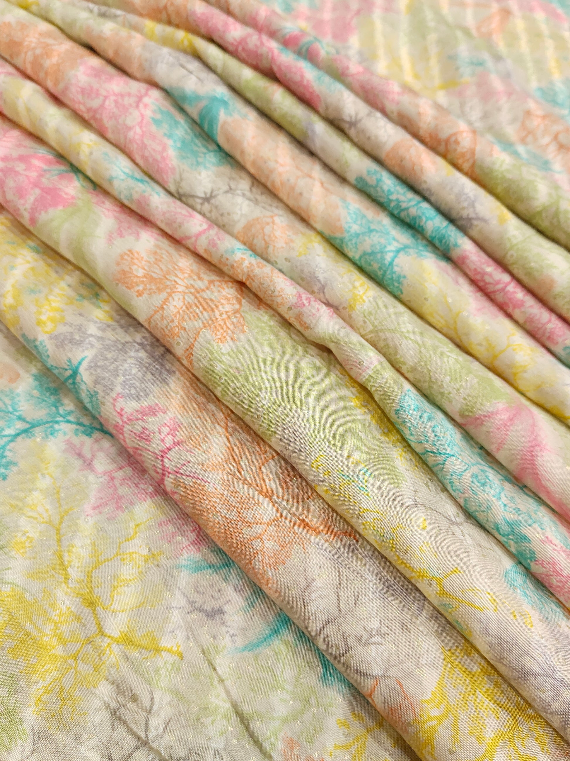 Muslin fabric with blue pink gold digital print