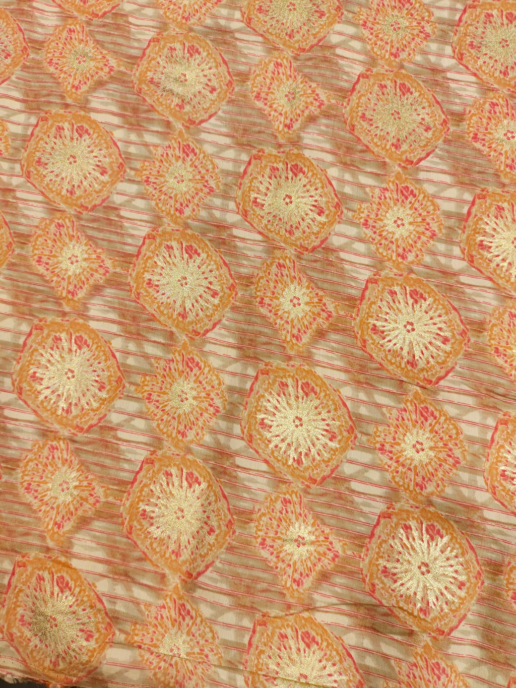 Muslin fabric with beige base with red and gold digital print