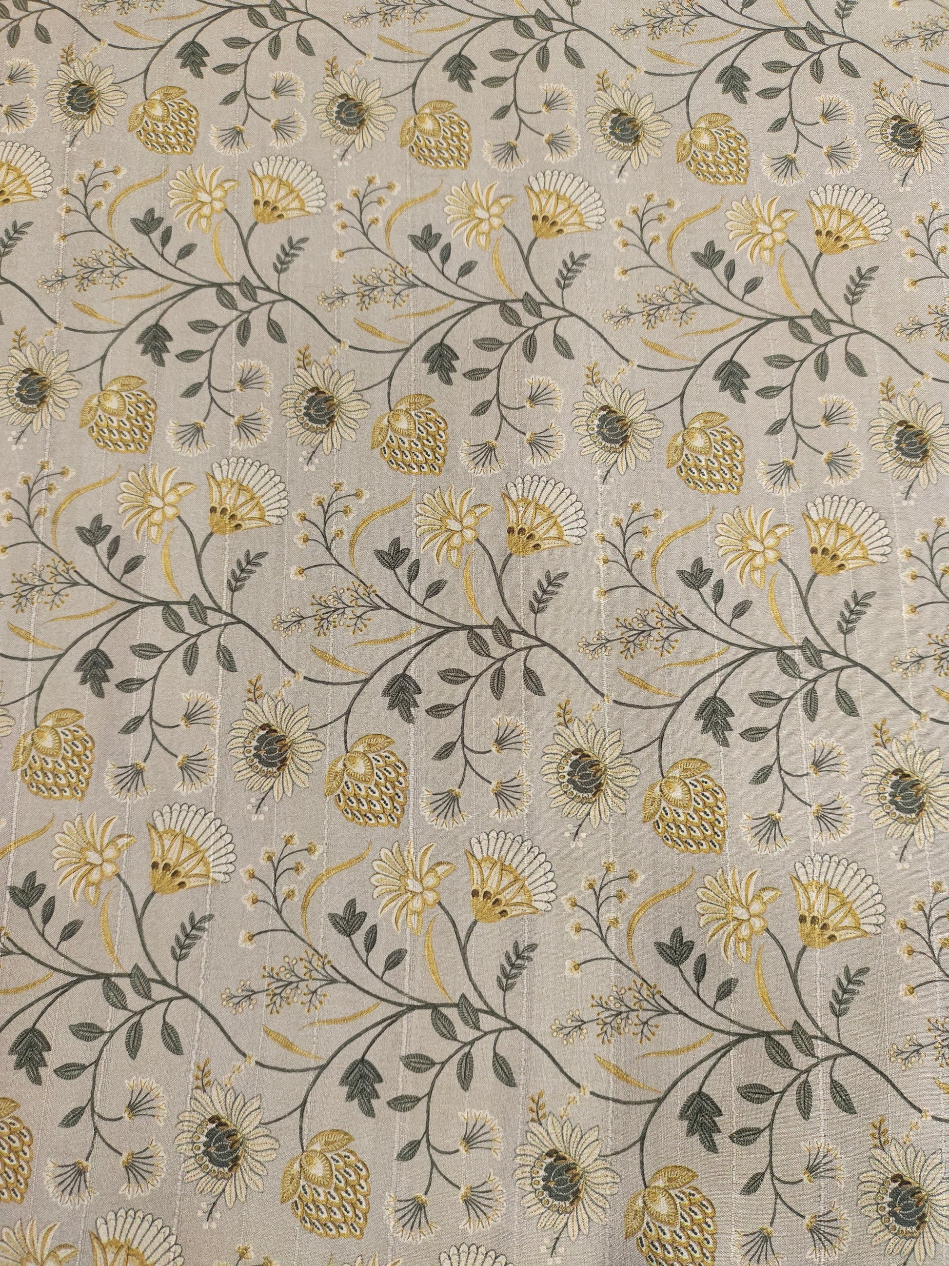 Grey mysore silk fabric with green and mustard digital print