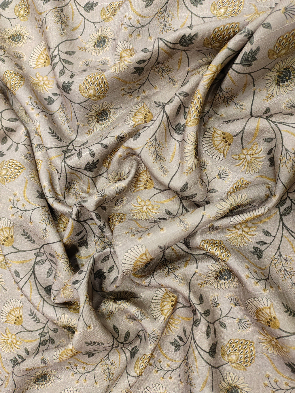 Grey mysore silk fabric with green and mustard digital print
