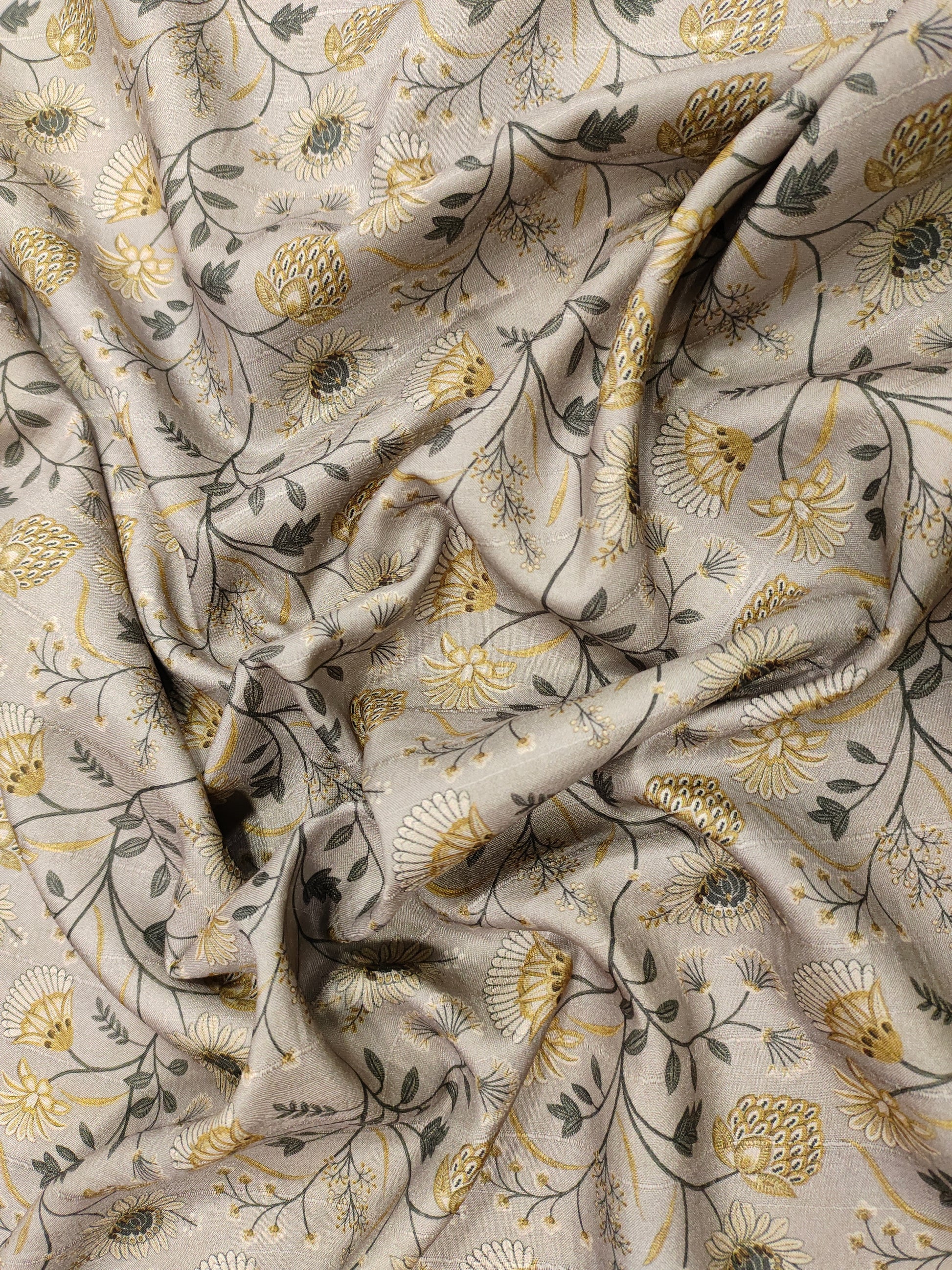 Grey mysore silk fabric with green and mustard digital print