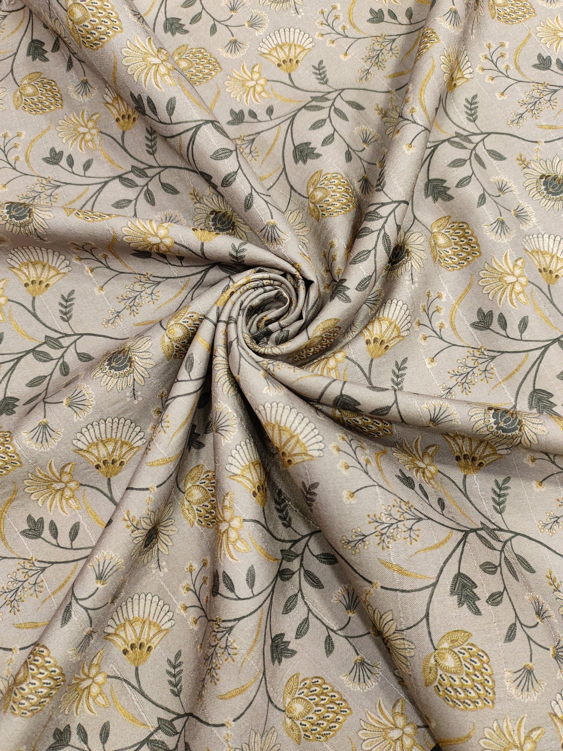 Grey mysore silk fabric with green and mustard digital print