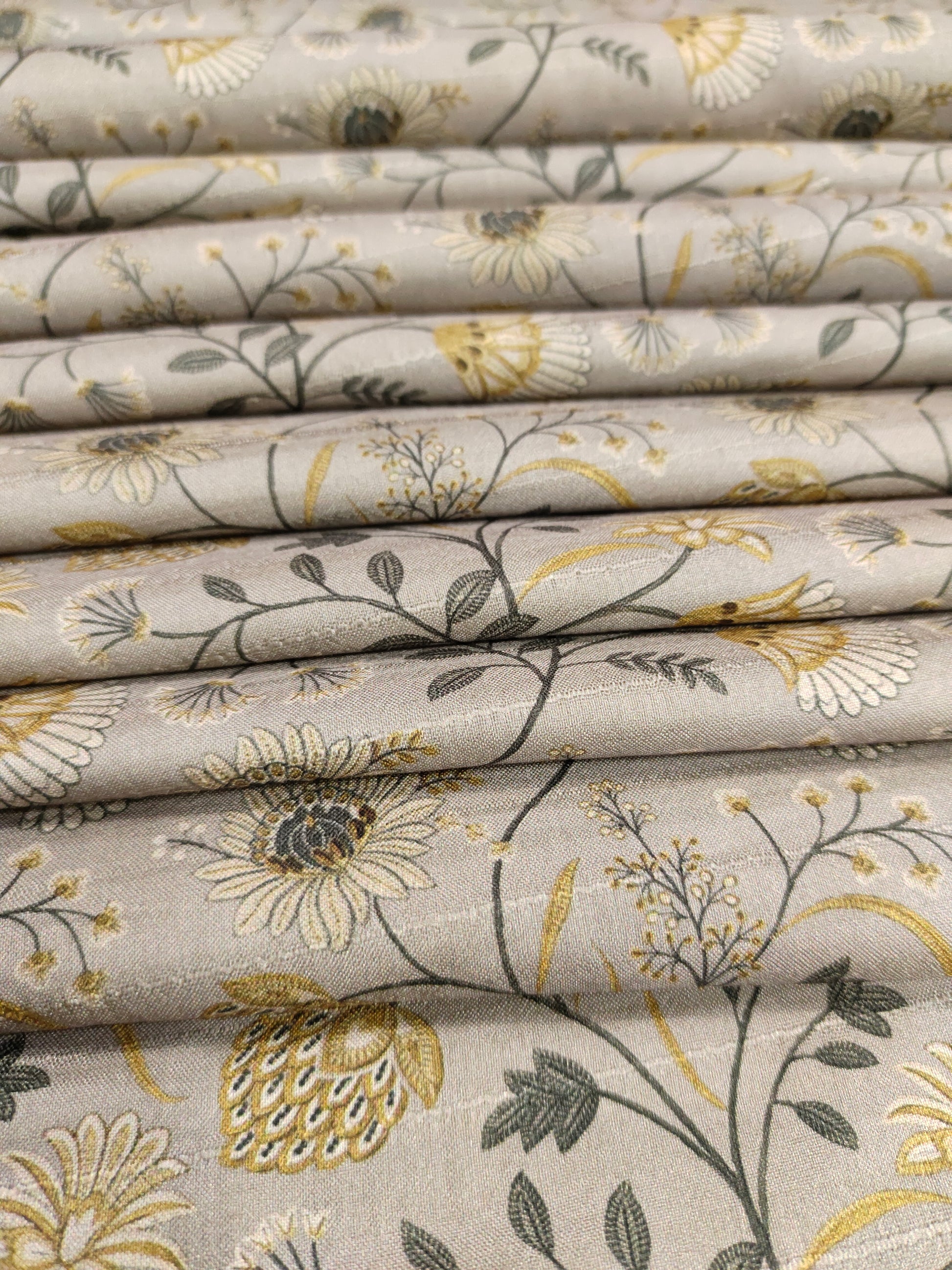 Grey mysore silk fabric with green and mustard digital print