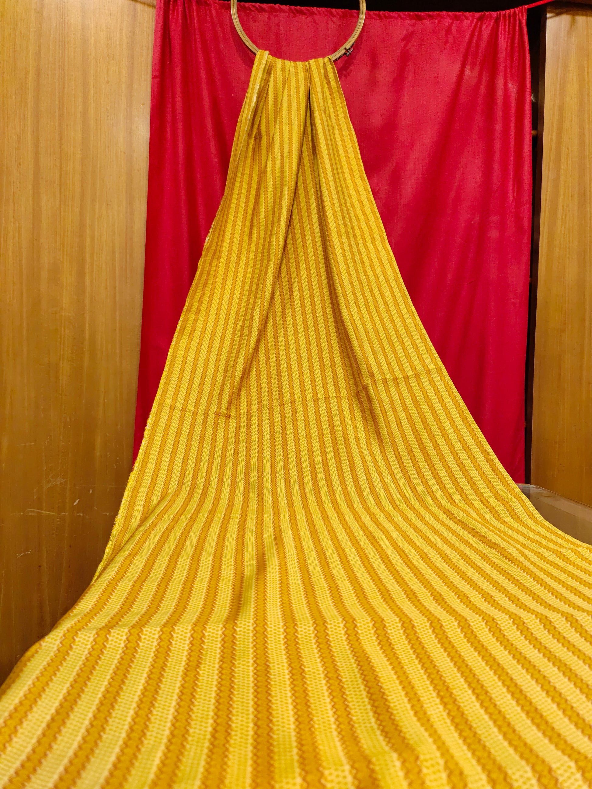 Mustard maslin stripe fabric with digital print
