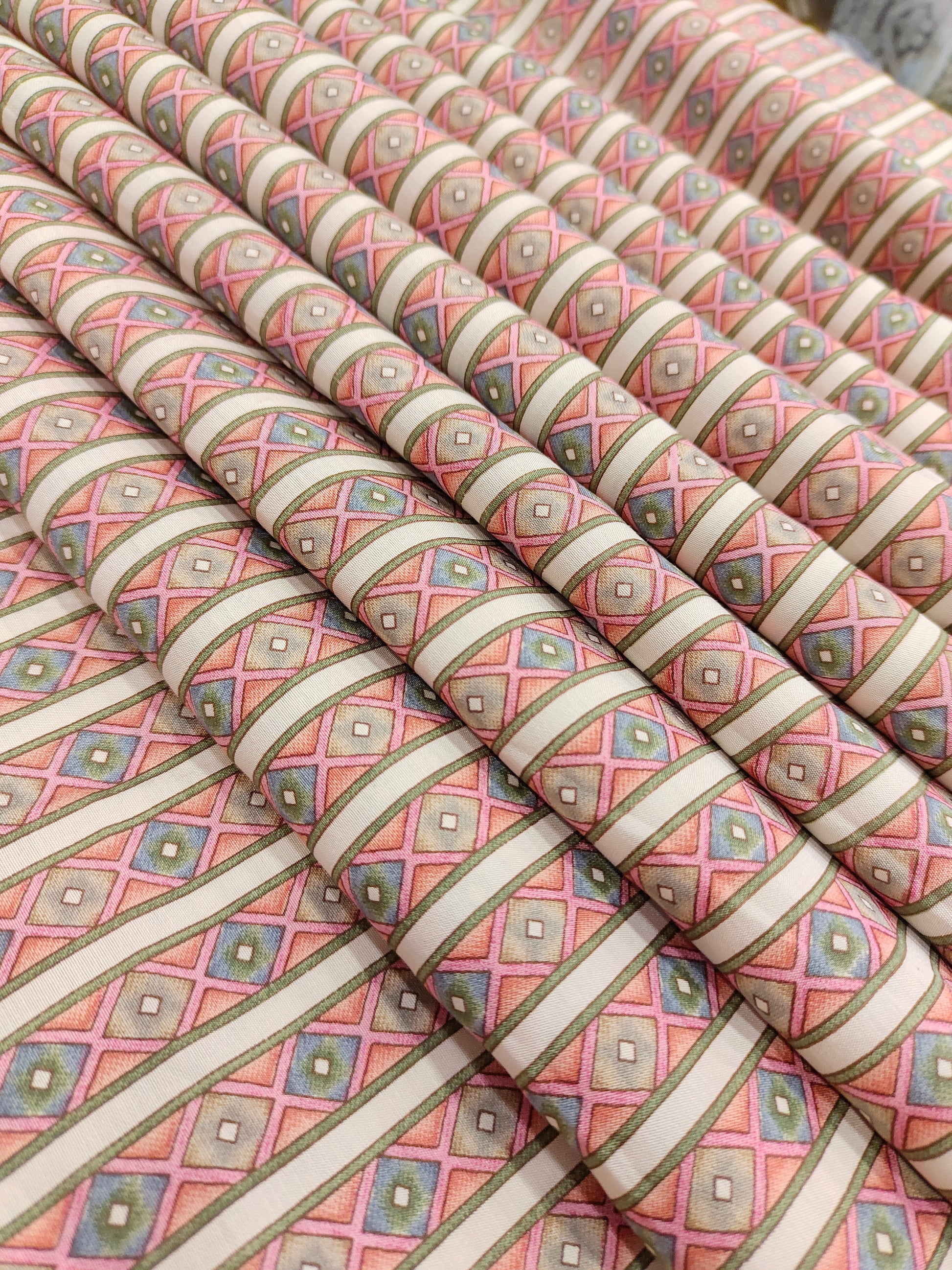 Beige base muslin digital print with pink and grey