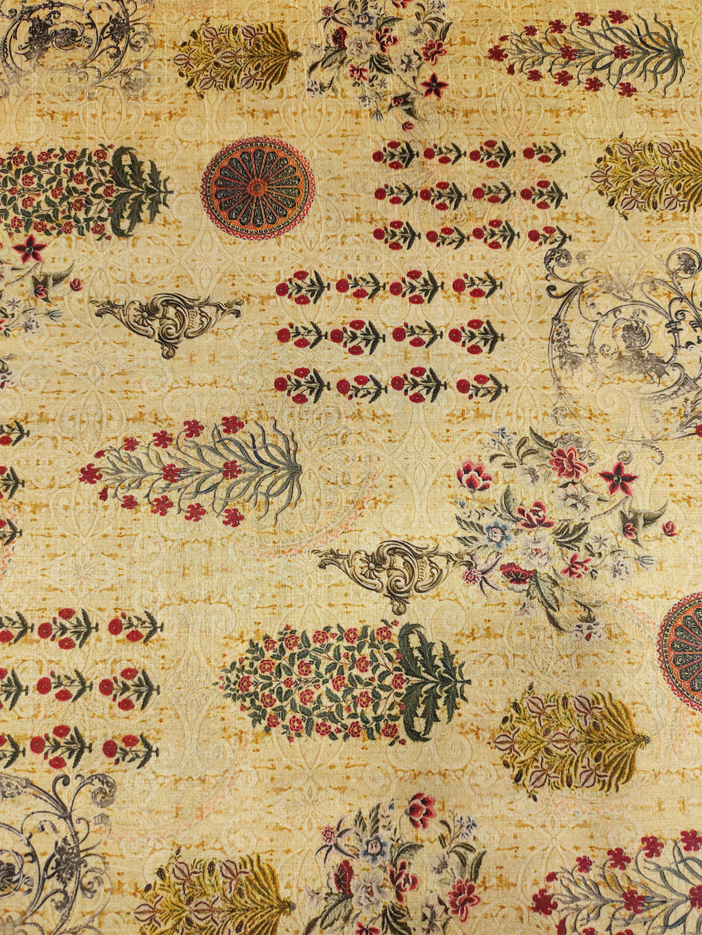 Cotton silk beige fabric with marron and green digital print