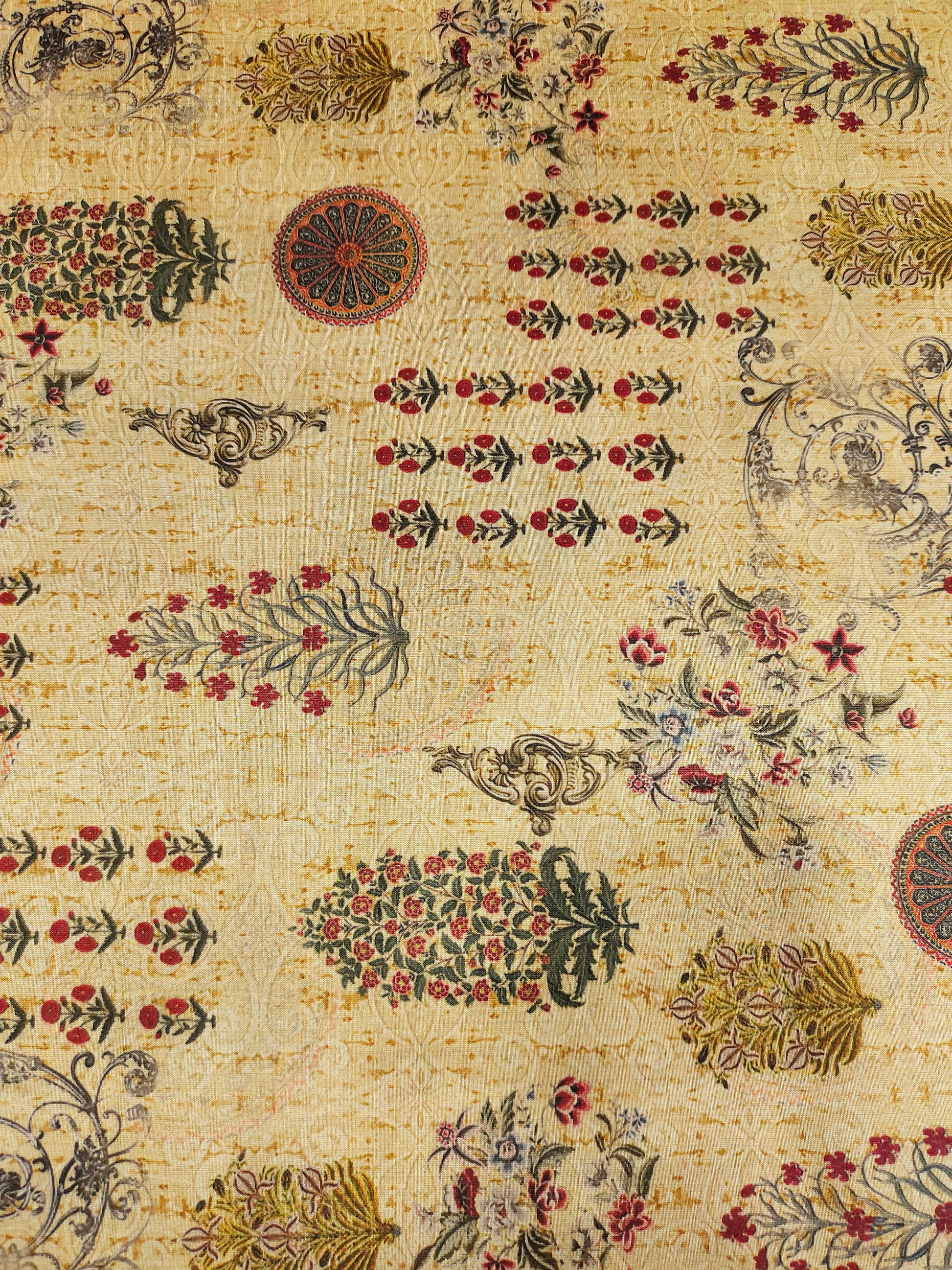 Cotton silk beige fabric with marron and green digital print